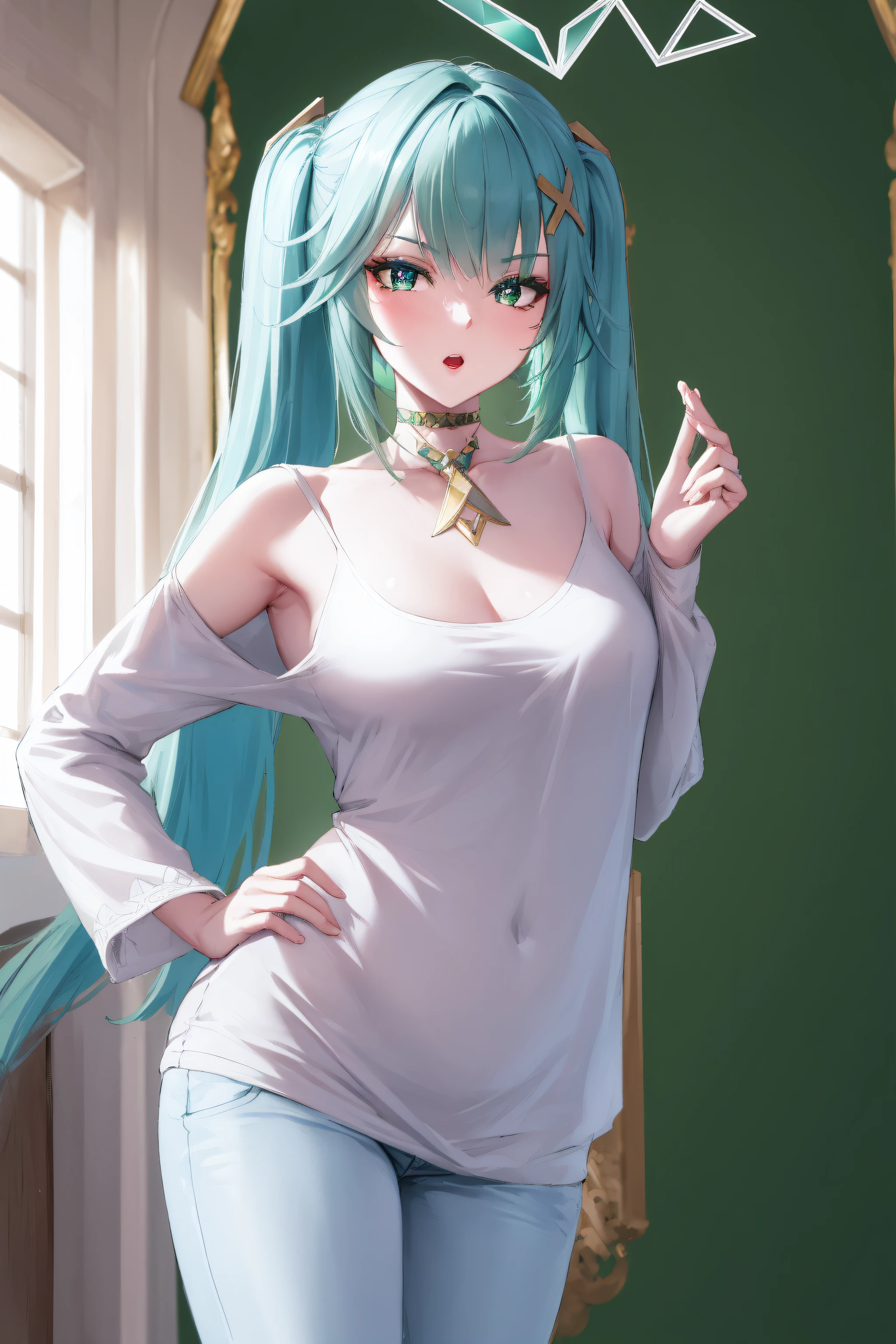 faruzan, faruzan, aqua hair, blunt bangs, cowlick, (green eyes:1.5), hair between eyes, hair ornament, long hair, (symbol-shaped pupils:1.5), (triangle-shaped pupils:1.5), twintails, x hair ornament, open mouth,
BREAK pants, jeans, sweater, collarbone, long sleeves,
BREAK looking at viewer, full body, (cowboy shot:1.5), upper body,hand on hip, angry, pov 
BREAK indoors, library,
BREAK (masterpiece:1.2), best quality, high resolution, unity 8k wallpaper, (illustration:0.8), (beautiful detailed eyes:1.6), extremely detailed face, perfect lighting, extremely detailed CG, (perfect hands, perfect anatomy),