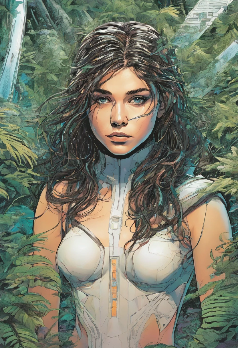 In the spirit of Planet of Apes, a masterpiece, hyper-detailed, image of a young (20 years old) Nude Woman modeled on Maisie Williams, Nude, with long unkept hair, physically fit body, perfect face with perfect eyes, running in terror through a lush temperate forest during the late evening hour