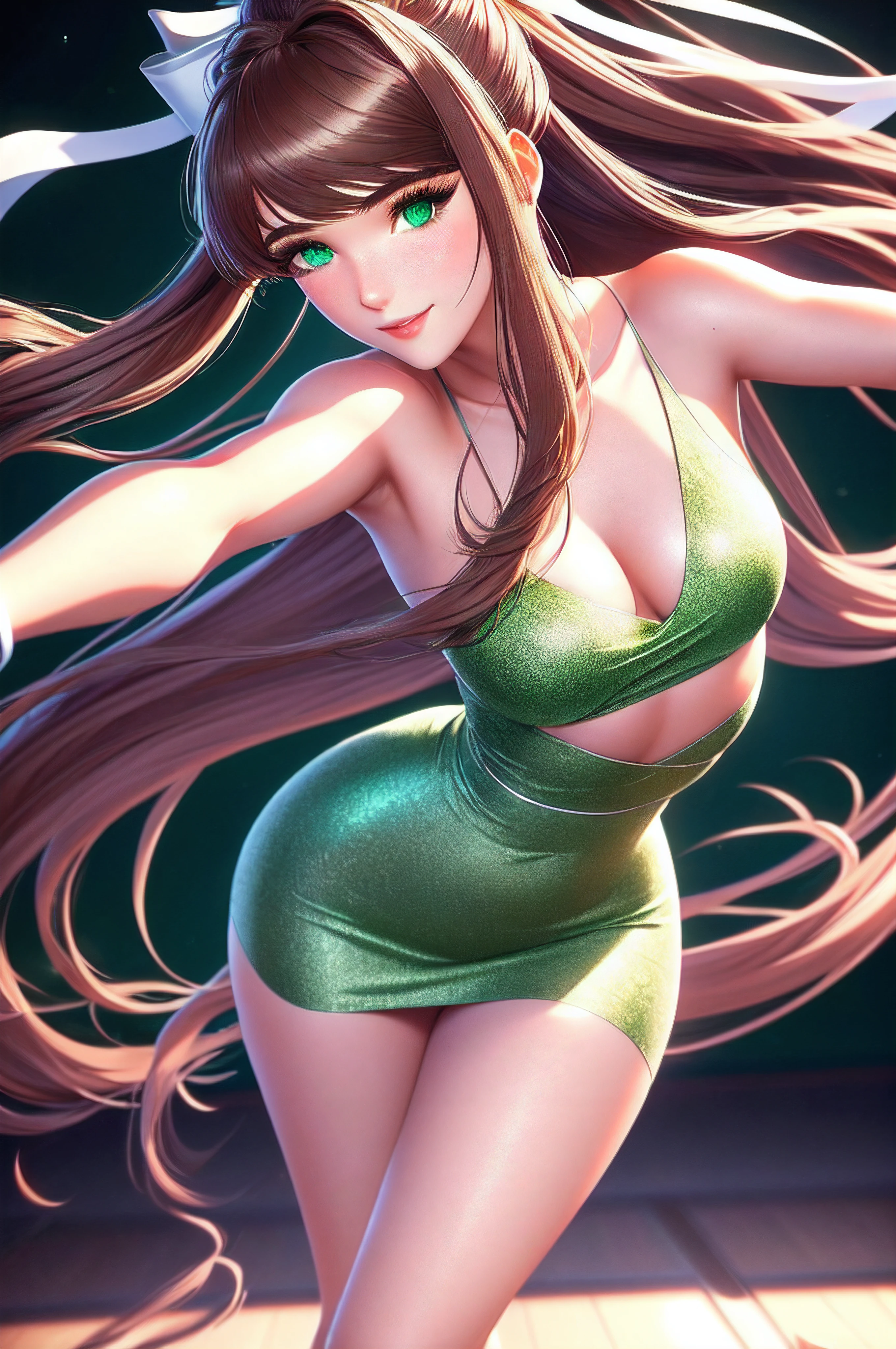 Monika: bright emerald green eyes, long brown hair with slightly wavy ends. A large white ribbon is tied into a bow on the right side of her head. She has side-swept bangs that brush her forehead, well-defined eyebrows, a small and straight nose, an oval face with prominent cheekbones, thin rosy lips forming a gentle smile, and a confident and welcoming expression. ((A woman: striking a dynamic pose)), Maximum sharpness, UHD, 16K, anime style, best possible quality, ultra detailed, best possible resolution, ((full body image)), Unreal Engine 5, perfect hand, fingers, hand, perfect, better_hands, more detail.