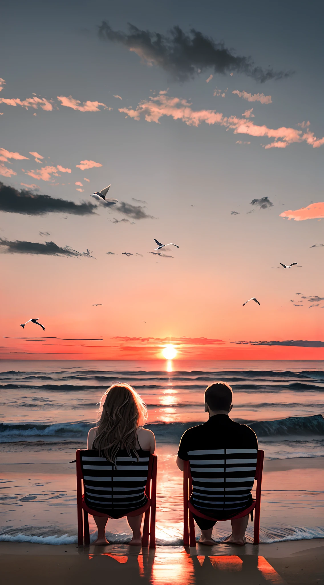 Award-winning landscape photos，A young couple stands side by side on the beach by the sea and watches the sunrise，The sun is red，Their feet are soaked in the sea：1.2，the ocean，wavy clouds，Several seabirds，digitial painting, concept-art, fluency, tack sharp focus, intricately details, closeup cleavage, tmasterpiece --v 6