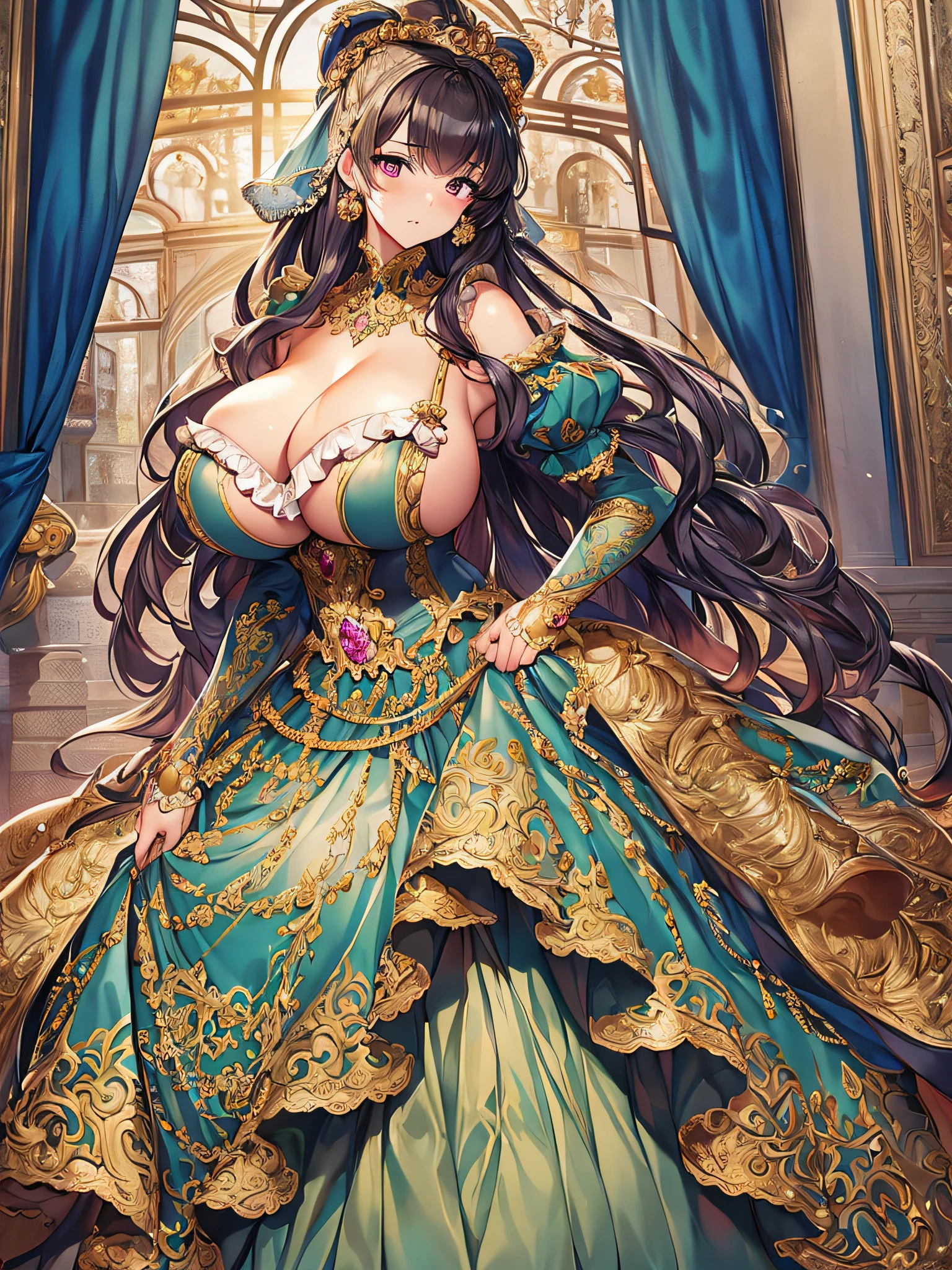 best quality, masterpiece, best definition, artwork, super detailed, many details, details, detailed,woman,((one princess)), full body, full body,((very gigantic )),cleavdentation,(((absurdly long Hair))),Straight Hair,super detailed gorgeous ballgown with voluminous full length hoop skirt,gorgeous rococo ballgown with many ruffles,gorgeous rococo ballgown with big bows,gorgeous rococo ballgown with big bows,gorgeous rococo ballgown with beautiful embroidery and jeweled,ruffles,whole body,