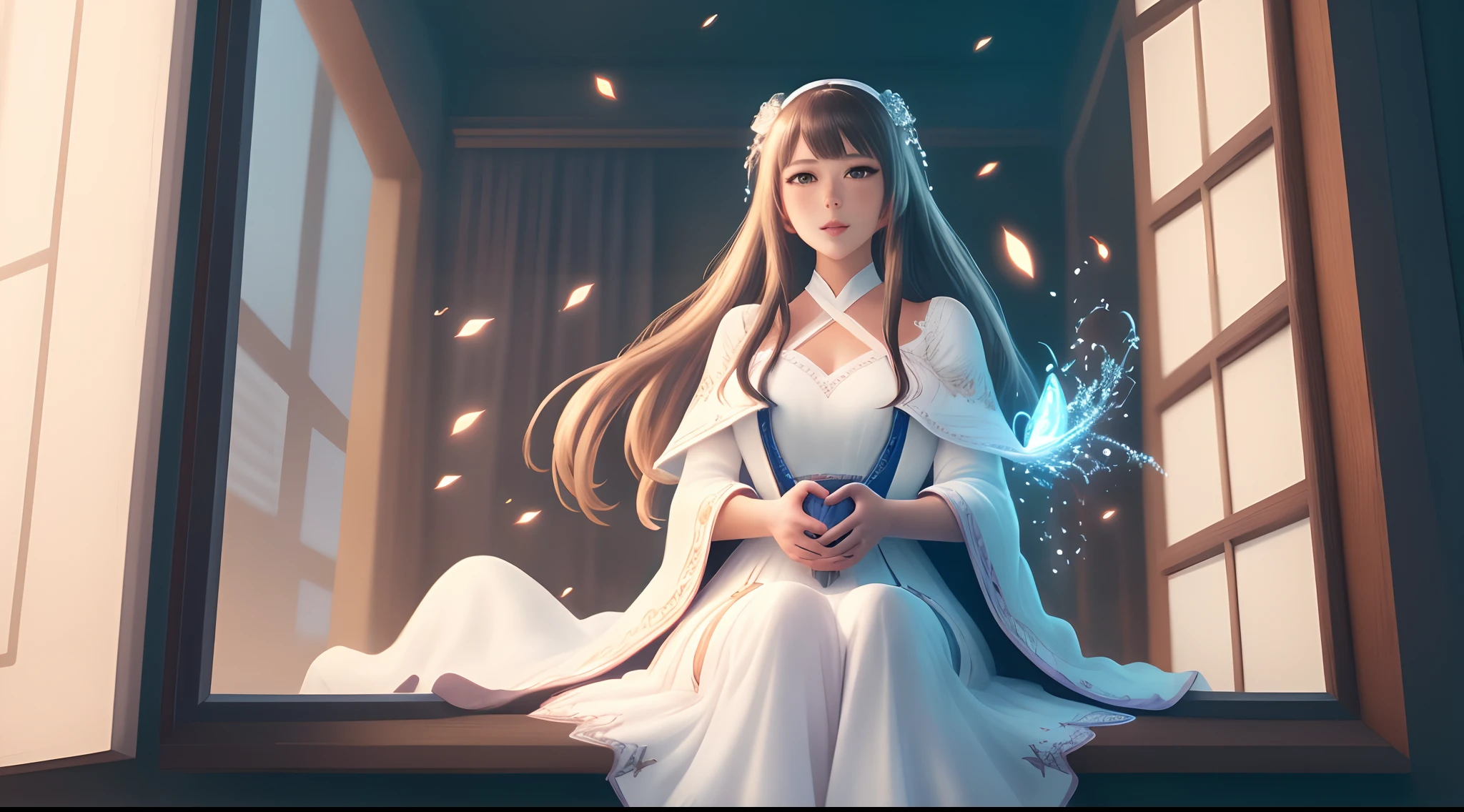 Arad woman in dress sitting on windowsill, cute anime waifu in a nice dress, trending on cgstation, 8K high quality detailed art, anime barbie in white stockings, highly detailed exquisite fanart, Extremely detailed Artgerm, the anime girl is crouching, flowing magical robe, beautiful and seductive anime woman, WLOP and Sakimichan