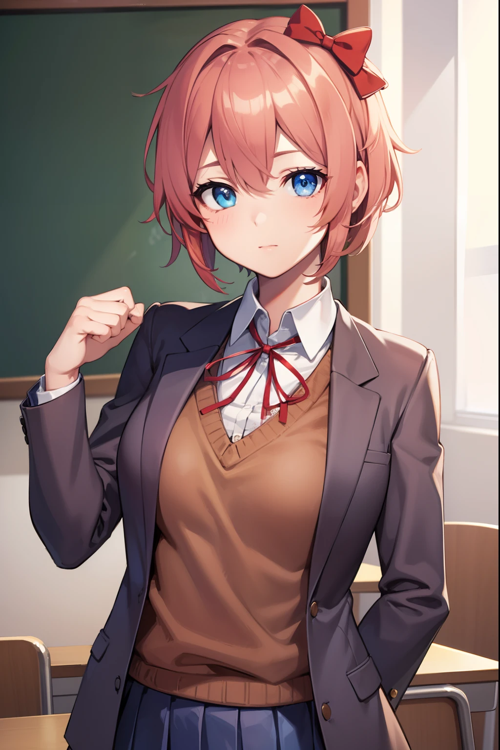 ddlcsayori, ddlcsayori, blue eyes, hair between eyes, hair bow, hair ornament, pink hair, red bow, short hair,
BREAK blue skirt, pleated skirt, school uniform, skirt, brown jacket, jacket,
BREAK looking at viewer,
BREAK indoors, classroom,
BREAK (masterpiece:1.2), best quality, high resolution, unity 8k wallpaper, (illustration:0.8), (beautiful detailed eyes:1.6), extremely detailed face, perfect lighting, extremely detailed CG, (perfect hands, perfect anatomy),