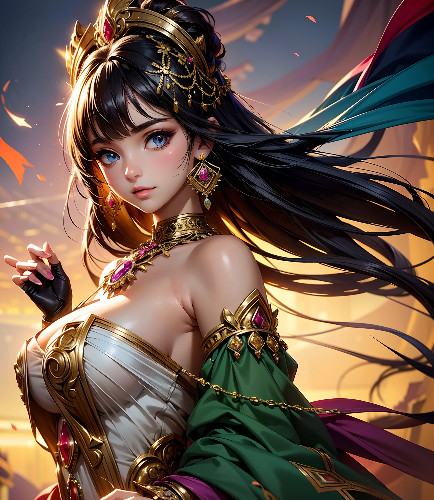 (best quality,8k,ultra-detailed),(realistic:1.37) anime girl with vibrant color palette and delicate features, adorned with a variety of colorful and ornate jewelry. The girl has captivating, large expressive eyes with long eyelashes. Her lips are beautifully detailed, giving her a charming smile. She has silky, flowing hair that is styled in an elegant and intricate way, adding to her overall allure. The girl is wearing a stunning and elaborate outfit that reflects her vibrant personality. The attire is filled with intricate patterns and bright colors, making her stand out in any scene. The jewelry she is wearing includes sparkling gemstones, delicate earrings, and an ornate necklace, all of which complement her beauty. The image showcases the girl in a dynamic pose, radiating confidence and elegance. The background is filled with a dreamy and fantastical setting, enhancing the overall atmosphere. The lighting in the scene is soft and ethereal, casting a gentle glow on the girl and emphasizing her features. The artwork is of the highest quality, with impeccable attention to detail, making it suitable for large-scale prints and exhibitions. The colors in the image are vibrant and vivid, bringing the artwork to life.