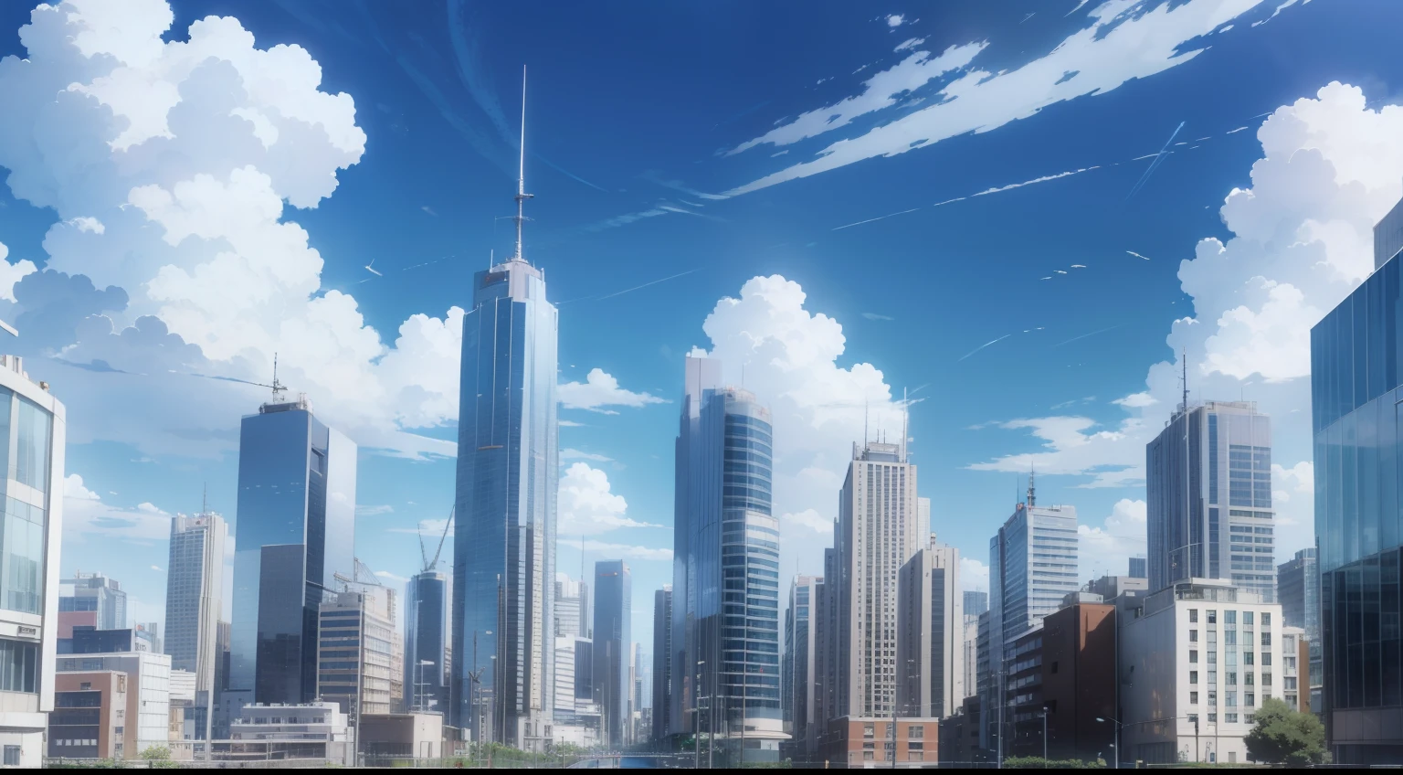 Anime, Blue sky and white clouds, City, many buildings.