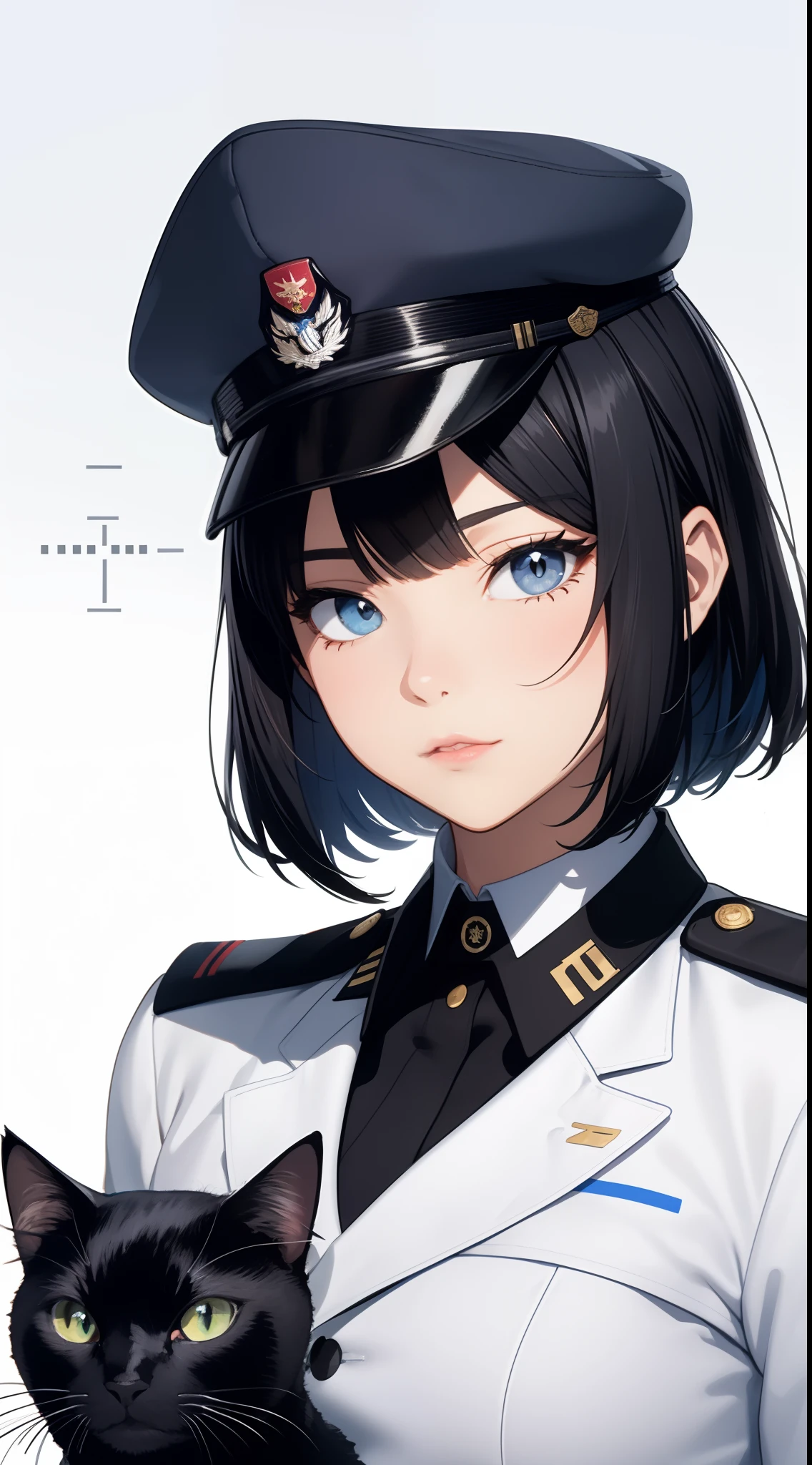 Black Hair Blue Mesh Black Cat Ears Right Eye Blue Left Eye Black Cat Mouth Barcode Under Left Eye Black Military Uniform Black Military Cap Illustration Anime