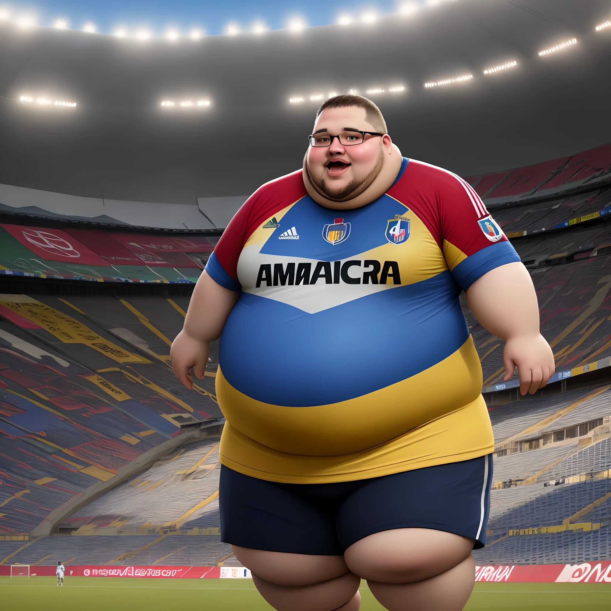 Obra-prima, de melhor qualidade, a fat man with glasses, wearing Fluminense Football Club, standing at the Maracanã stadium with the Copa Libertadores de América, Pixar style