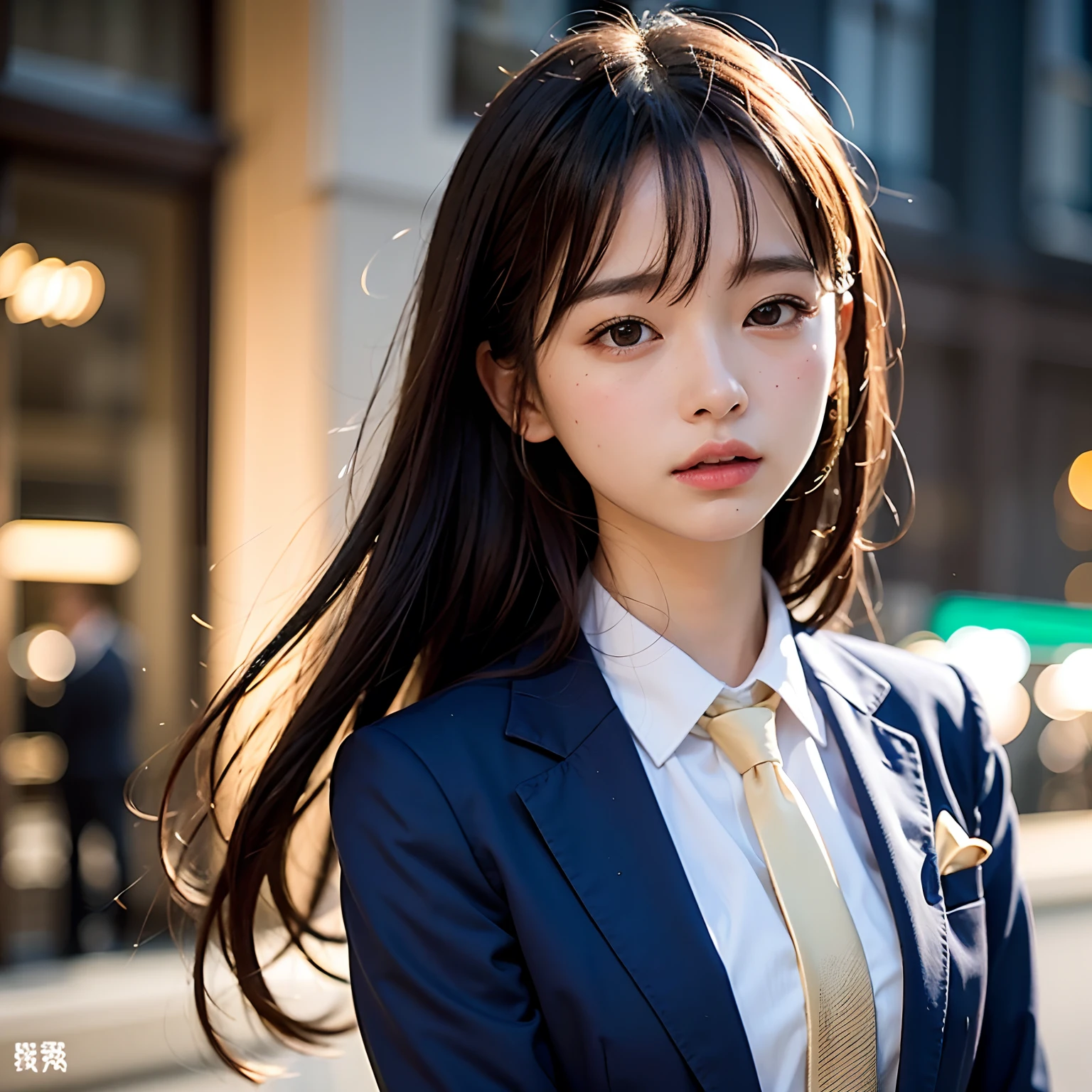 (masutepiece, Best Quality:1.2), 8K, Official art, Full body photo, full body Esbian、neck tie、skinny、14years、small tits、Eyes closed、Deep sadness、Sorrow、look up sky、screeming、 unbelievable Ridiculous, (Upper body, Dark blue suit:1.4), Beautiful Girl, Pretty Face, arching back down, Gold hair ornament on hair、Wearing a cute suit、close up, Wearing a suit, Short sleeve, gardenia, violaceaess, Teen, Street, Looking at Viewer, Film grain, chromatic abberation, Sharp Focus, face lights, Dynamic lighting, Cinematic lighting, Eyes and faces with detailed, Bokeh background, (1 Tie:1.2)
