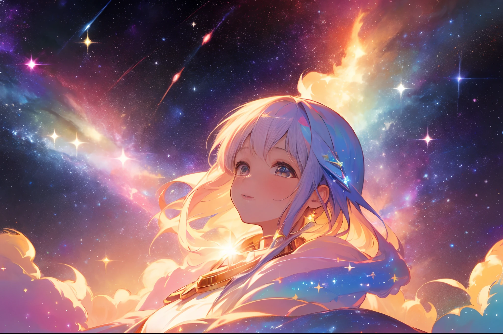 High detail, Super detail, Super high resolution, The girl enjoys her time in the fantasy galaxy, Surrounded by stars, Warm light shines on her, The background is the starry sky with colorful galaxies and galactic clouds, Stars flew around her, Delicate face, Add a playful vibe , --V6