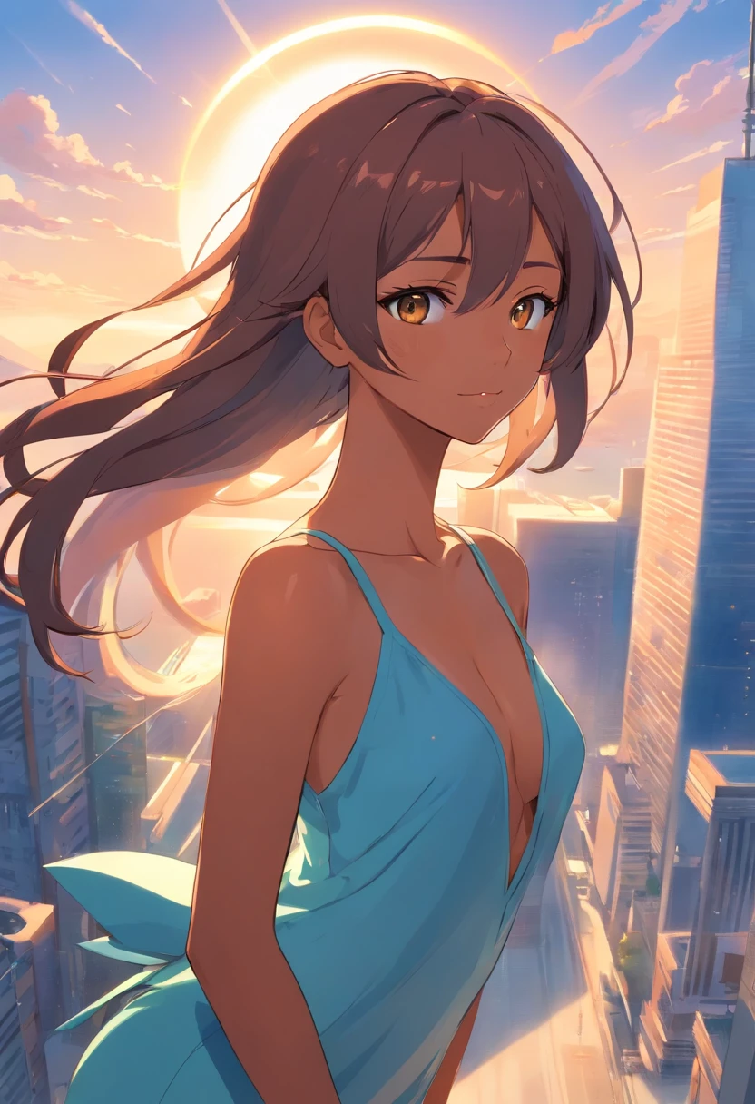 Tall　A sexy　femele　suits　Long　blue hairs　sun burn　Brown skin　verd s eyes