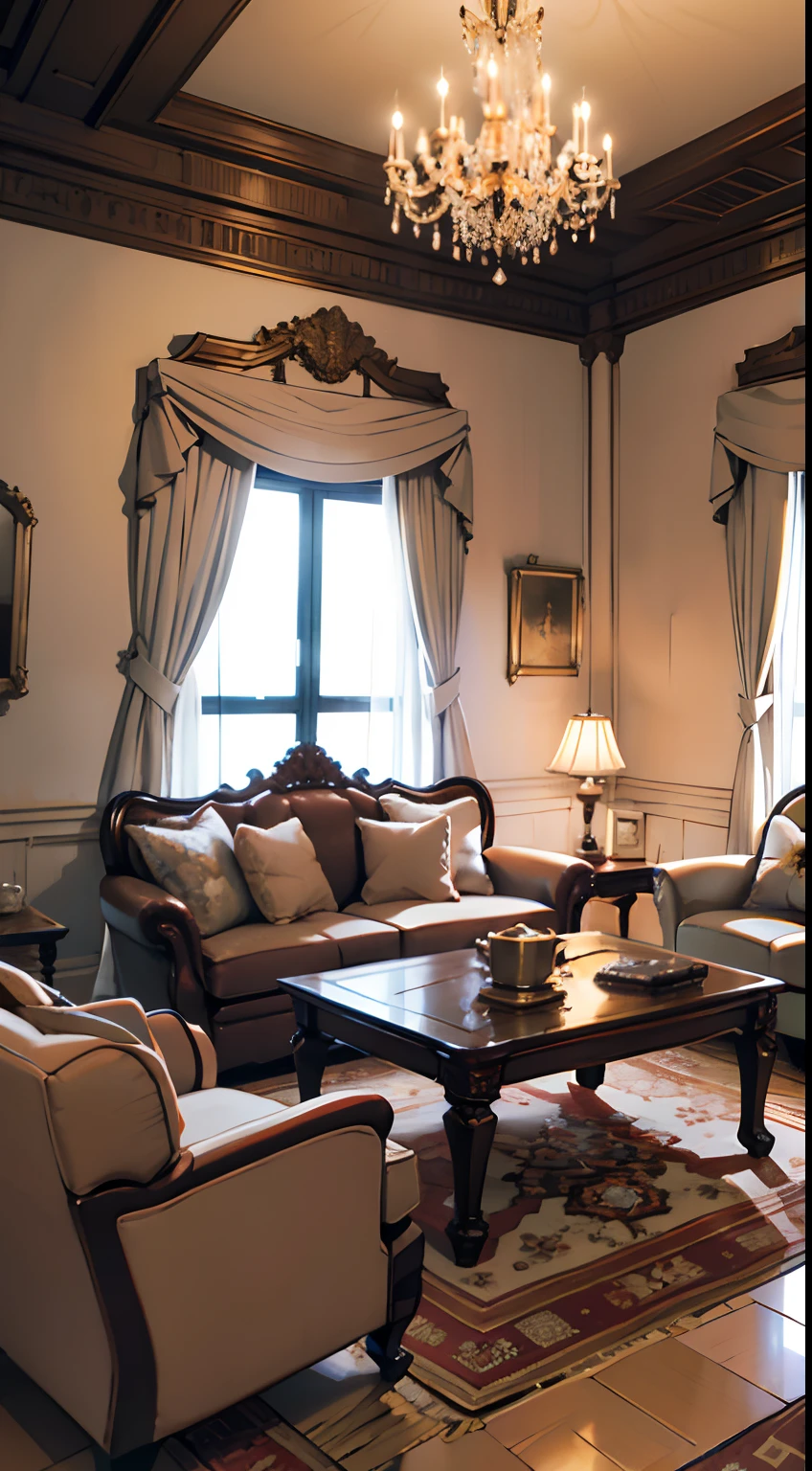 fotografia, sofa, tea table, ( Sala de estar), Cortinas, Hanging Lamp, decorations, Tapetes, lareira,Branco,Versalhes