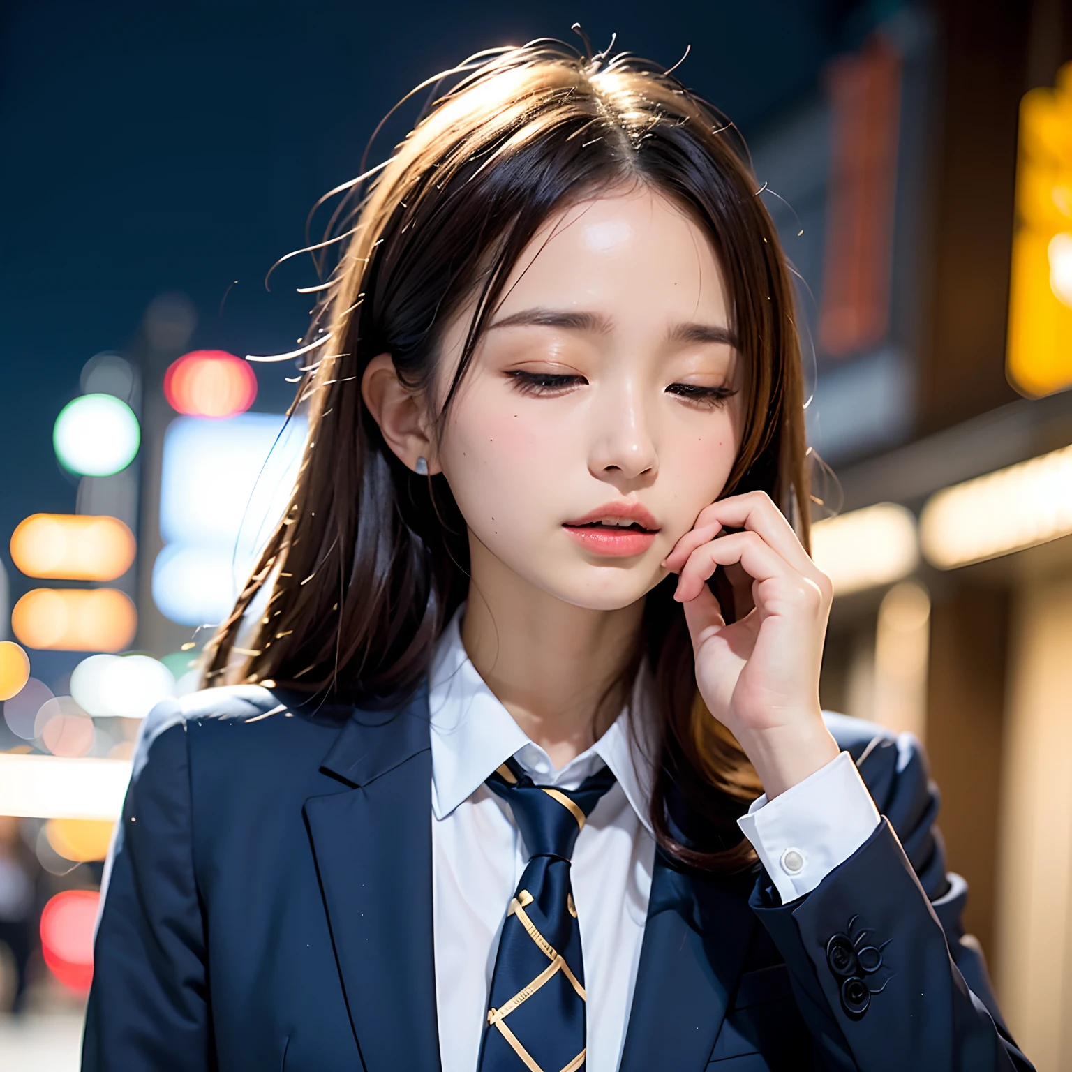 (masutepiece, Best Quality:1.2), 8K, Official art, Full body photo, full body Esbian、neck tie、skinny、years、small tits、Eyes closed、Deep sadness、Sorrow、look up sky、screeming、 unbelievable Ridiculous, (Upper body, Dark blue suit:1.4), Beautiful Girl, Pretty Face, arching back down, Gold hair ornament on hair、Wearing a cute suit、close up, Wearing a suit, Short sleeve, gardenia, violaceaess, Teen, Street, Looking at Viewer, Film grain, chromatic abberation, Sharp Focus, face lights, Dynamic lighting, Cinematic lighting, Eyes and faces with detailed, Bokeh background, (1 Tie:1.2)