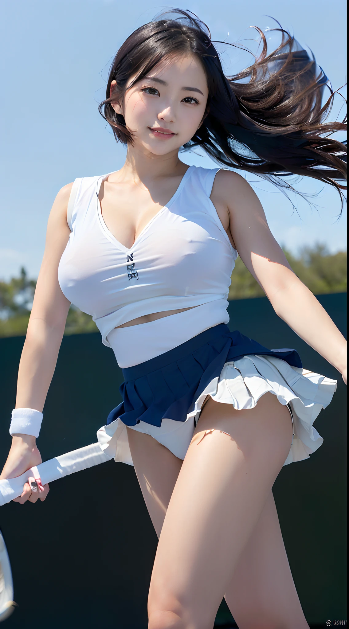 (in 8K、超A high resolution、Best Quality、Photorealsitic、masuter piece、The ultra -The high-definition、top-quality:1.1),(18year old:1.1)(hi-school girl、Tennis Wear、White pleated mini skirt、White see-through T-back、Hide all breasts、quite massive chest、Pretty big breasts、toned body:1.3)(Short-haired black hair、Japan Cute Woman、Brown skin with a pretty tan:1.18)、Cute smile、(Open your legs quite wide to the side、Stand with your knees bent quite wide、(Hit the serve):1.28)(windy up skirt、up skirt panties、Miniskirt fluttering in the wind:1.5)(High School Tennis Courts、espadrilles、sun visor)