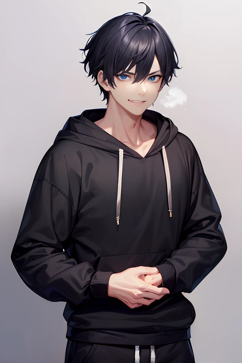 ((A mature boy with a devilish grin, wearing a black hoodie and sweatpants, (standing), ((expressive eyes)), ((perfect eyes))))