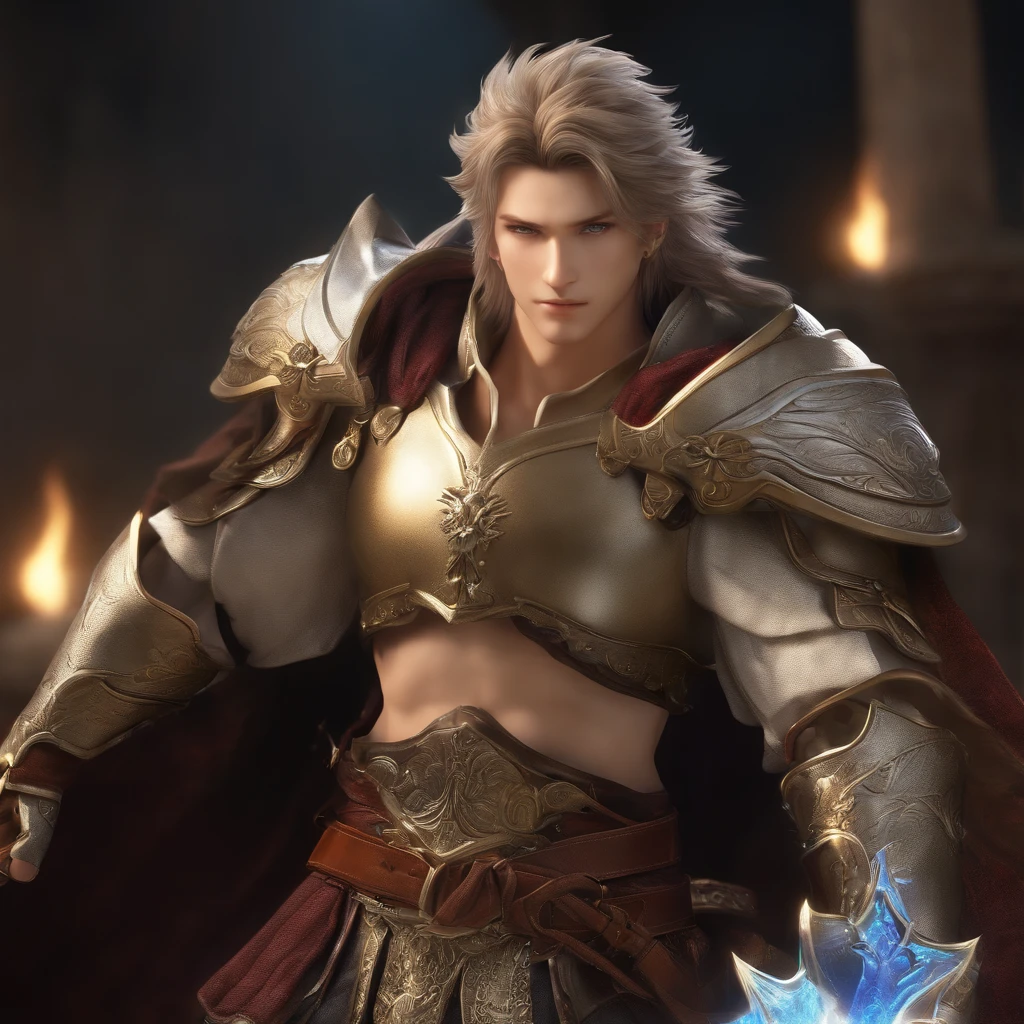 Male characters in Final Fantasy 4,Beautiful detailed eyes,Beautiful detailed lips,extremely detailed eye and face,longeyelashes,fantasy character design,Anime style,Hand-drawn illustration,Highly detailed costumes and armor,Elaborate weapon design,magical aura,striking pose,Attractive background settings,Spectacular battle scenes,Vibrant colors,radiant lighting,breathtaking landscape,Impressive special effects,action-packed scene,intense emotion,Stylized hair,Sharp Focus,Ultra-detailed,Realistic,hight resolution,Physically-based rendering,Stunning 8K resolution,Bokeh,HDR Lighting,masutepiece:1.2
