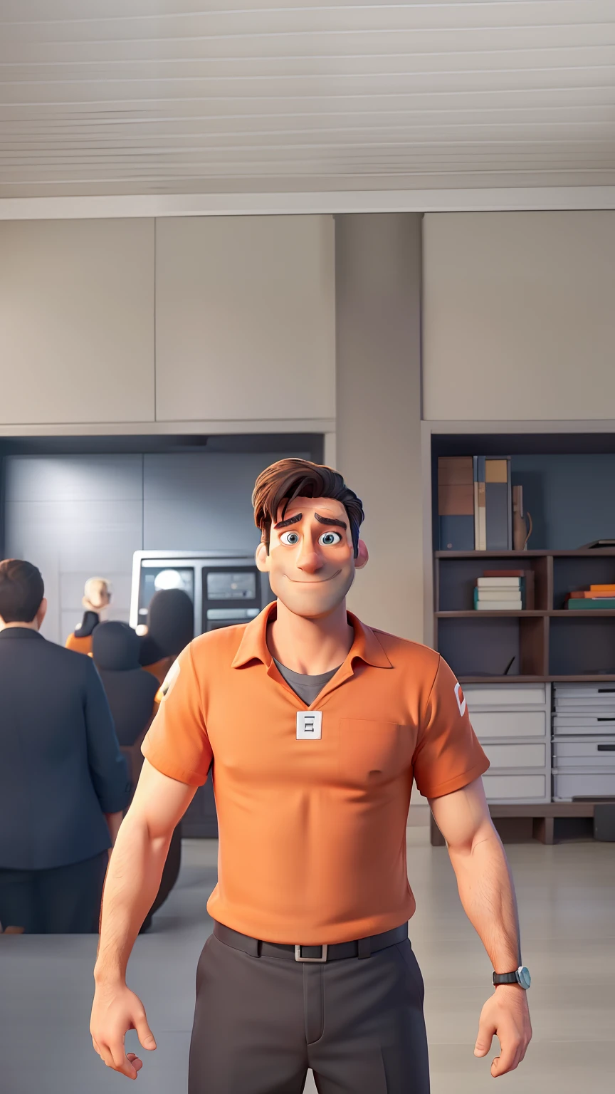 Jon Hamm, Cartoons in orange shirt and black pants, arms crossed, olhando para frente e sorrindo com os dentes aparecendo;