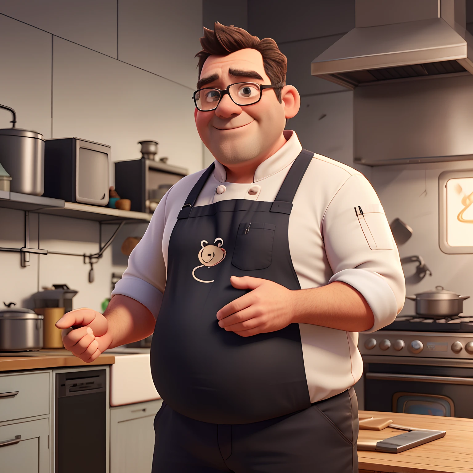 create 49 year old man, chubby with a pot belly, unshaven, wearing black chef's clothes with a small fire drawn on his clothes, in an industrial kitchen in the background, super hyper detailed, 8k uhd, 3D-rendering, modern Disney Pixar style.