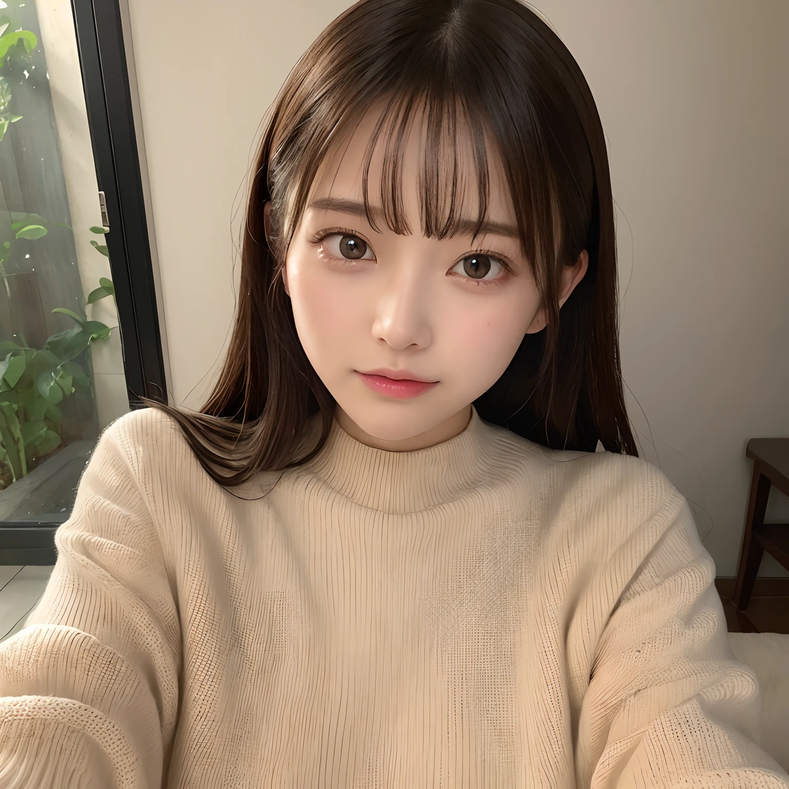 masutepiece, Best Quality, Illustration, Ultra-detailed, finely detail, hight resolution, 8K Wallpaper, Perfect dynamic composition, Beautiful detailed eyes,small tits、Natural Color Lip, Randomly sexy poses,20 years girl、Cute、is looking at the camera, Sexy face,Face feeling ecstasy,Face at the peak of sexual arousal,Wear a sweater dress,Close-up of your face,Take a selfie