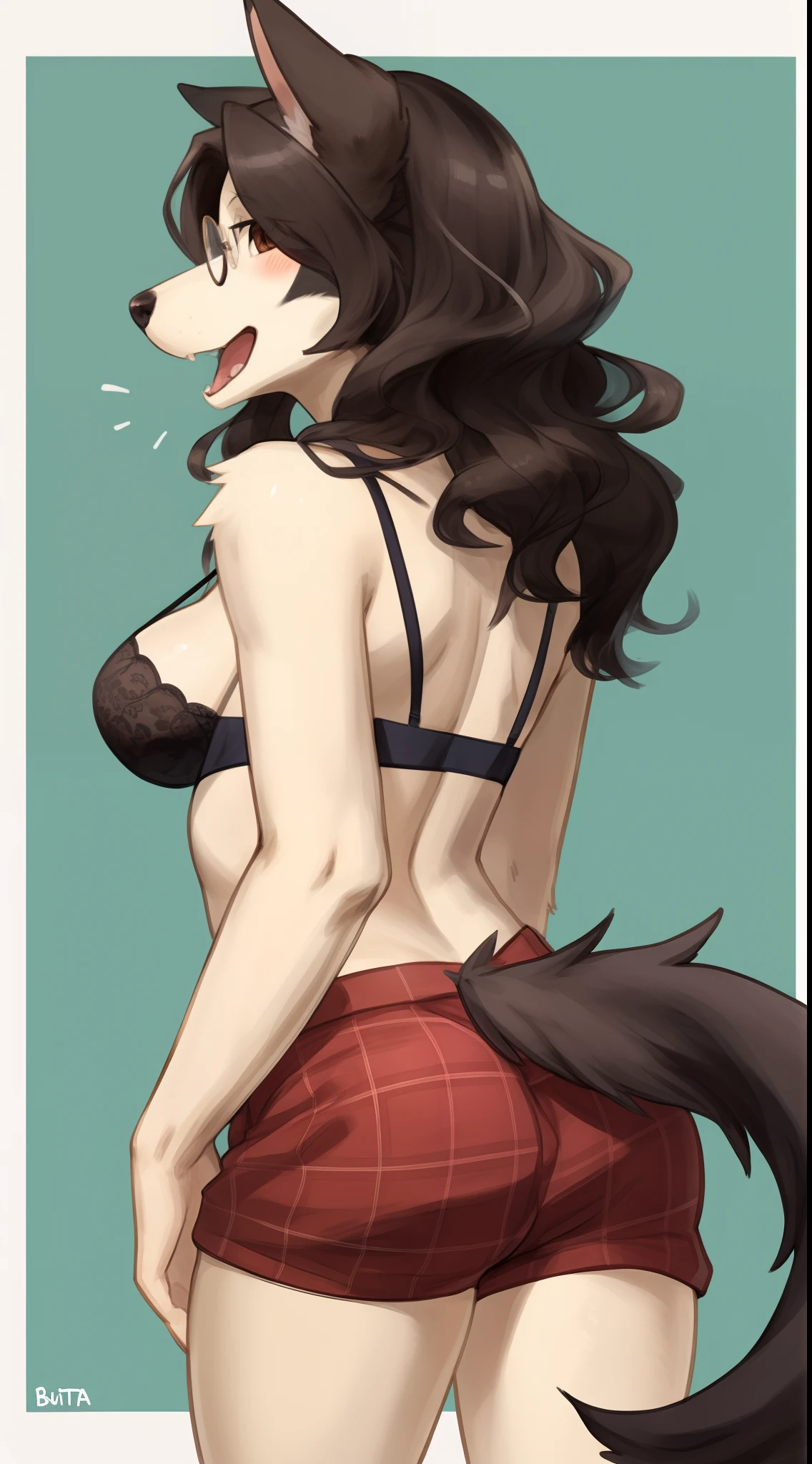 By buta99, solo, female, canine, domestic dog, border collie, ((hair, snout)), glasses, looking back at viewer, open mouth, shocked expression, wavy hair, butt, tail, bra, boxers, smiling