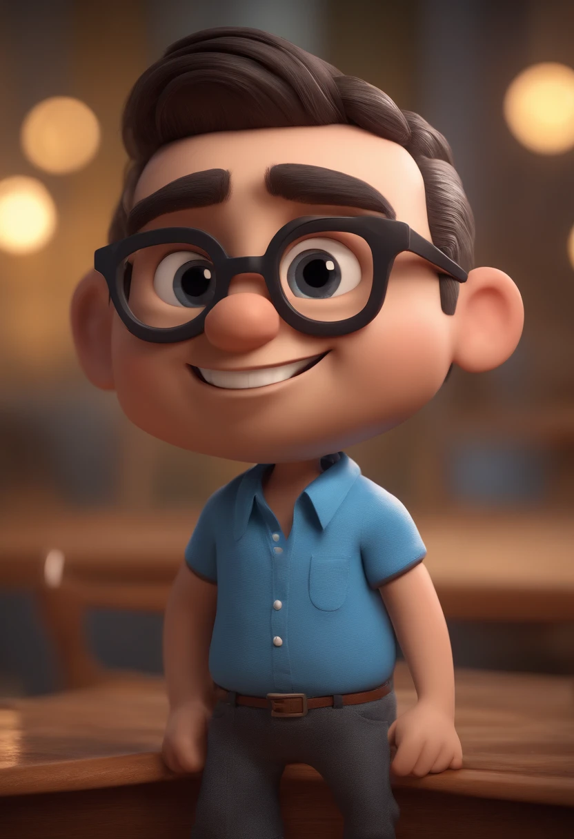 Cartoon character of a man with black glasses and a blue shirt, animation character, Caractere estilizado, animation style rendering, 3D estilizado, Arnold Maya render, 3 d render stylized, toon render keyshot, Personagem 3D, Personagem 3D, 3d rendering stylized, 3 d character render, personagem de desenho animado, Personagem de close up, Pose de personagem,  (Estilo Pixar) (master part:1.2) (Bokeh) (best quality) (pele detalhada) (textura detalhada) (8k) (argila) (Cinematic lighting) (foco nítido