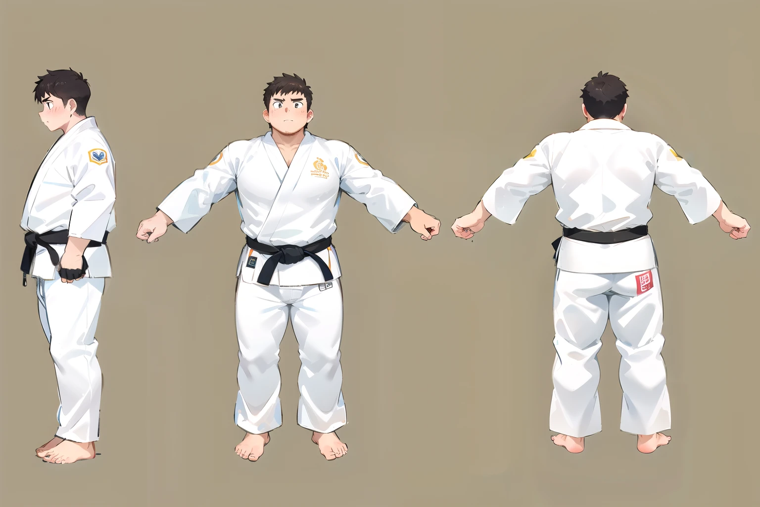 ((1boy_only, same_character, same_outfit)), charturnerv2, character_turnaround, character_sheet, ((3views)), reference_sheet, (chubby:1.3, stocky:1.2), ((white judo gi)), ((dougi)), barefoot, ((long pants)), (bara:1.2), (shota:0.25), buzz_cut, full body shot, ((cool, cute, awesome)), (fingerless gloves), (chubby_face:0.8), (solid_background)