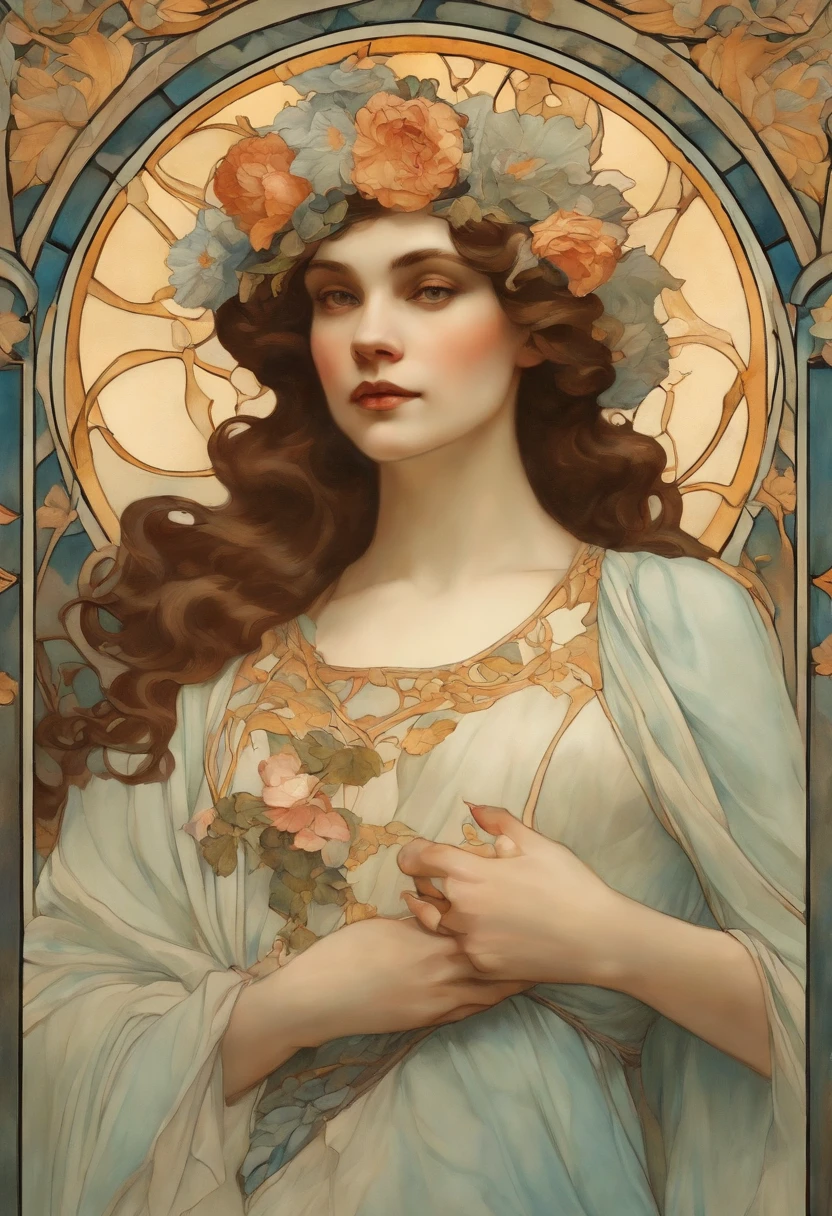 Uma pintura em aquarela ultrafina detalhada de uma mulher linda com flores em seu cabelo, no estilo de Alphonse Maria Mucha e Gustav Kilmt, Acentos Art Nouveau, princesa fada, anthropomorphic female, figura feminina, arte detalhada da capa, como a deusa das flores, Alphonse Mucha, Gustavo Klimt, pale bluish skin, a marble sculpture, CGSetnation, gothic art, Arte Nova, Vencedor do concurso Behance