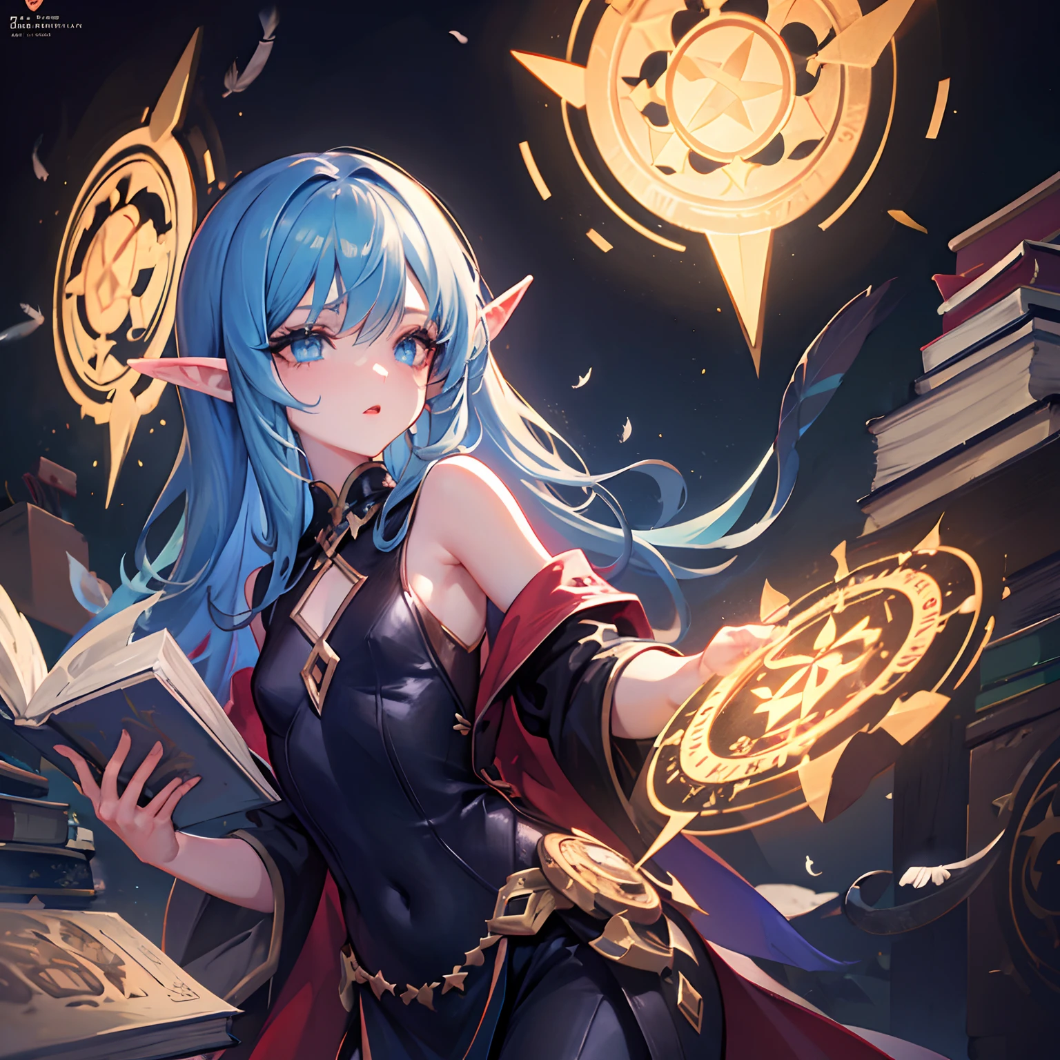 death,blood,night, dark, (Fantasy),Infinite,deep blue sky,The abyss of knowledge,knowledge,((masterpiece)), (((best quality))),((beautiful detailed eyes)),(eyelash),Monster,(1 girl),blue hair,long hair,abyss eyes,Shiny skin,oil,small breast,(bird body,feather),Wearing Rags of cloth, Tzeentch,elf,extremely detailed CG unity ,colorful,wallpaper,energy,Unknown terror,arcane,Around the magic,magic surrounds,magic rod,book,pages flying all over the sky,Know it all,Predicting the Future,Know the past,Infinite wisdom,blue flame,Warlock,Magical Circle,Pentagram,incantation,mantra,highly detailed, vibrant appearance, creative behavior, extremly detailed, imaginative, , spontaneous, highest quality, skin texture, intricate details, (cinematic lighting), RAW photo, 8k, masterpiece,best quality,ultra-detailed,very detailed illustrations,extremely detailed,intricate details,highres,super complex details,extremely detailed 8k cg wallpaper,