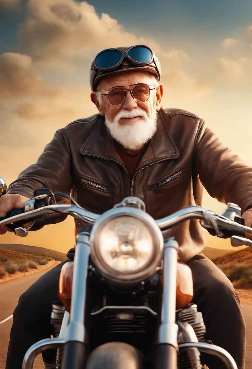 a 3D Disney Pixar poster of an elderly man with glasses, pilotando uma Harley Davidson 883 em uma viagem de moto. (altamente detalhado:1.2), Realistic depiction of a senior man with glasses, entusiasta do motociclismo, with great attention to facial expressions and wrinkles, cena com cores vibrantes, cabelo detalhado e bigode, Background with scenic landscapes and iconic landmarks, arte profissional, Capturing the joyful spirit of adventure and freedom, dynamic compositing, Beautiful lighting and shading, Capturing the essence of the open road.