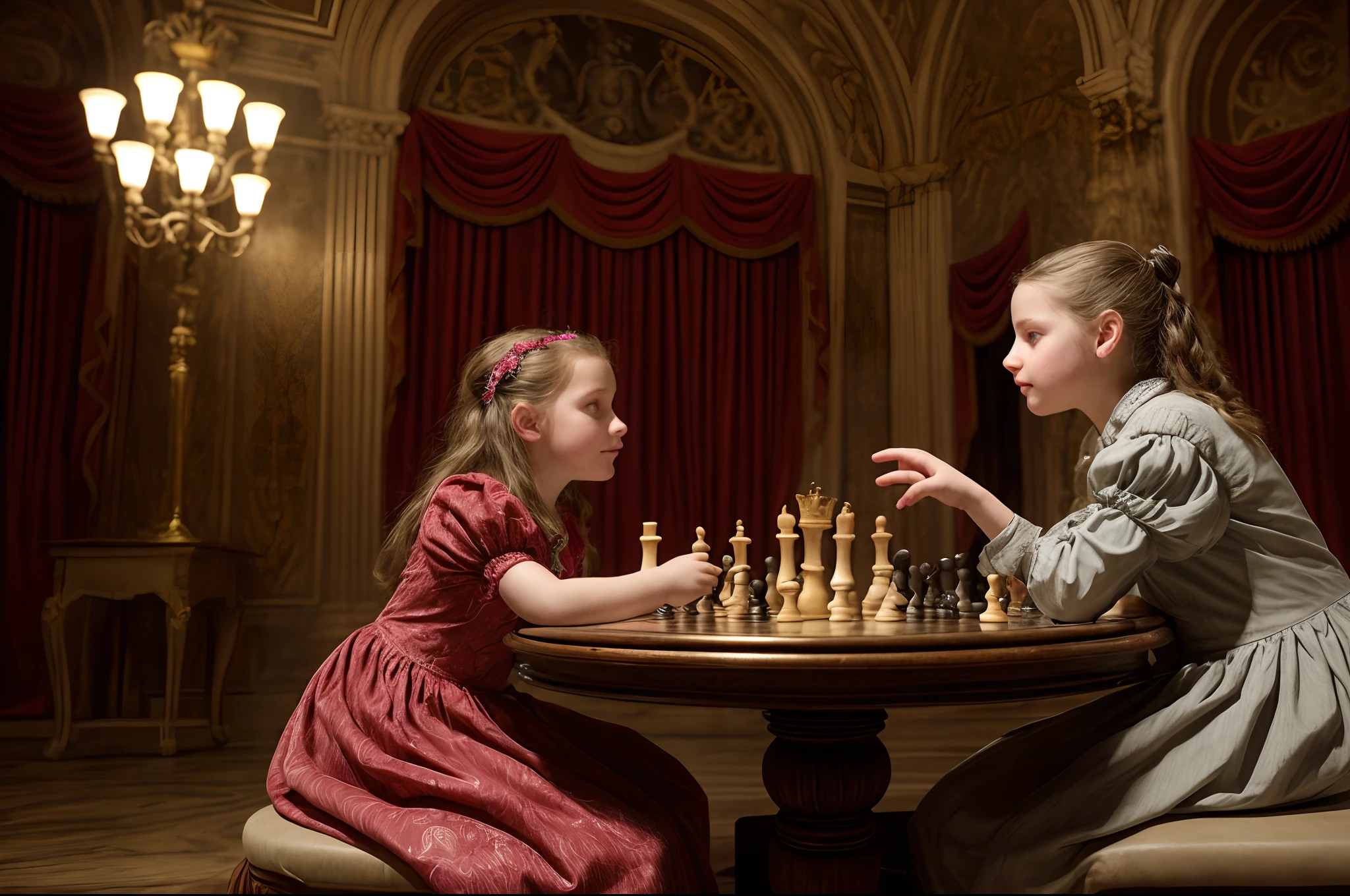 Realistic, photorealistic, RAW photo, ultra detailed, cinematic lighting, (surrealism: 1.2), theater stage with curtain down,  girl playing chess vs big anthropomorphic cat, they leaned over the table and look at each other almost touching their heads, detailed face and eyes, vivid colours, masterpiece, Cinematic composition, aesthetic of fairytale, Centered image.