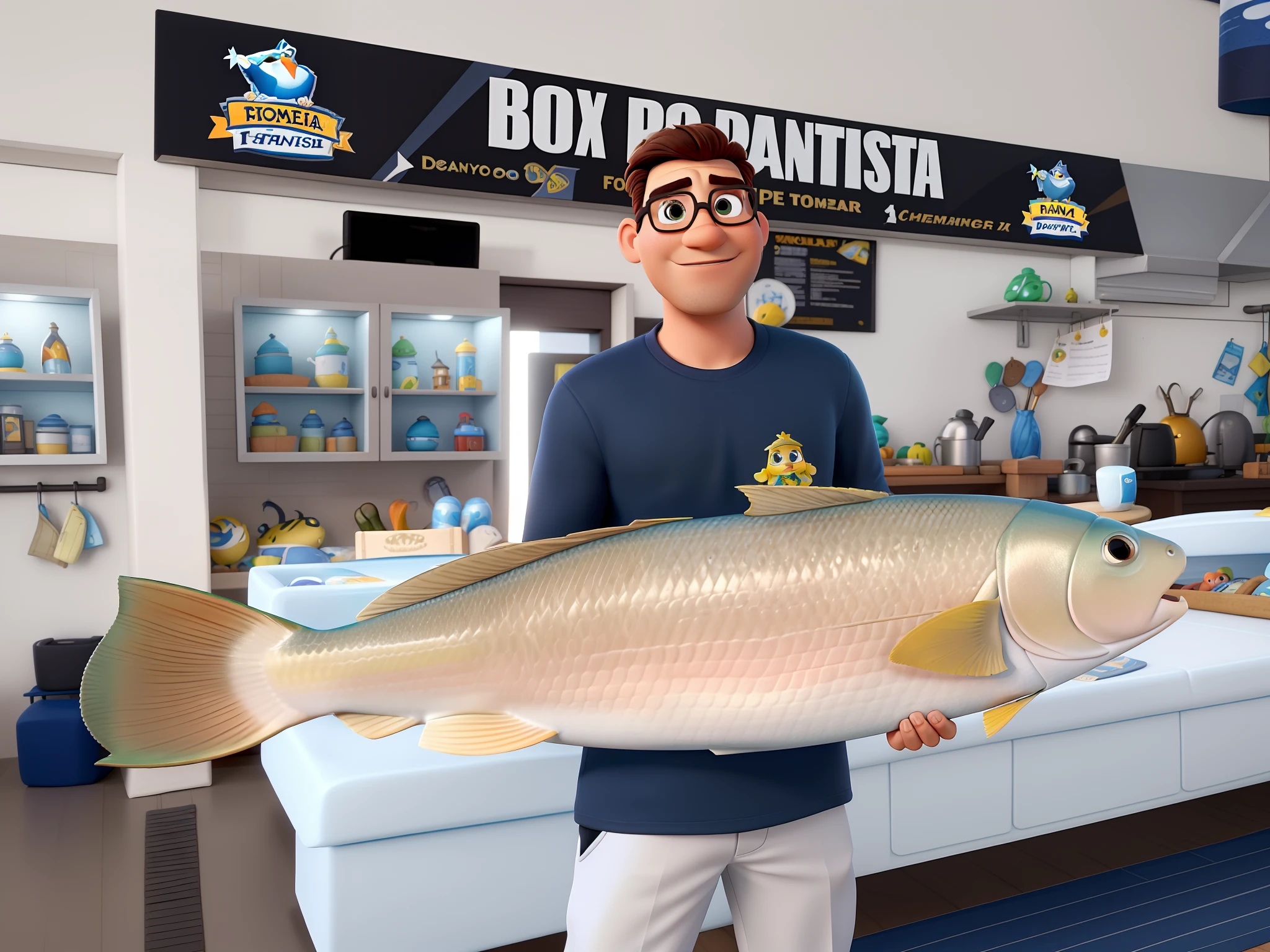 Homem (dono de peixaria) segurando um peixe grande, fundo da imagem com o nome box do santista no estilo Disney Pixar, alta qualidade, melhor qualidade.