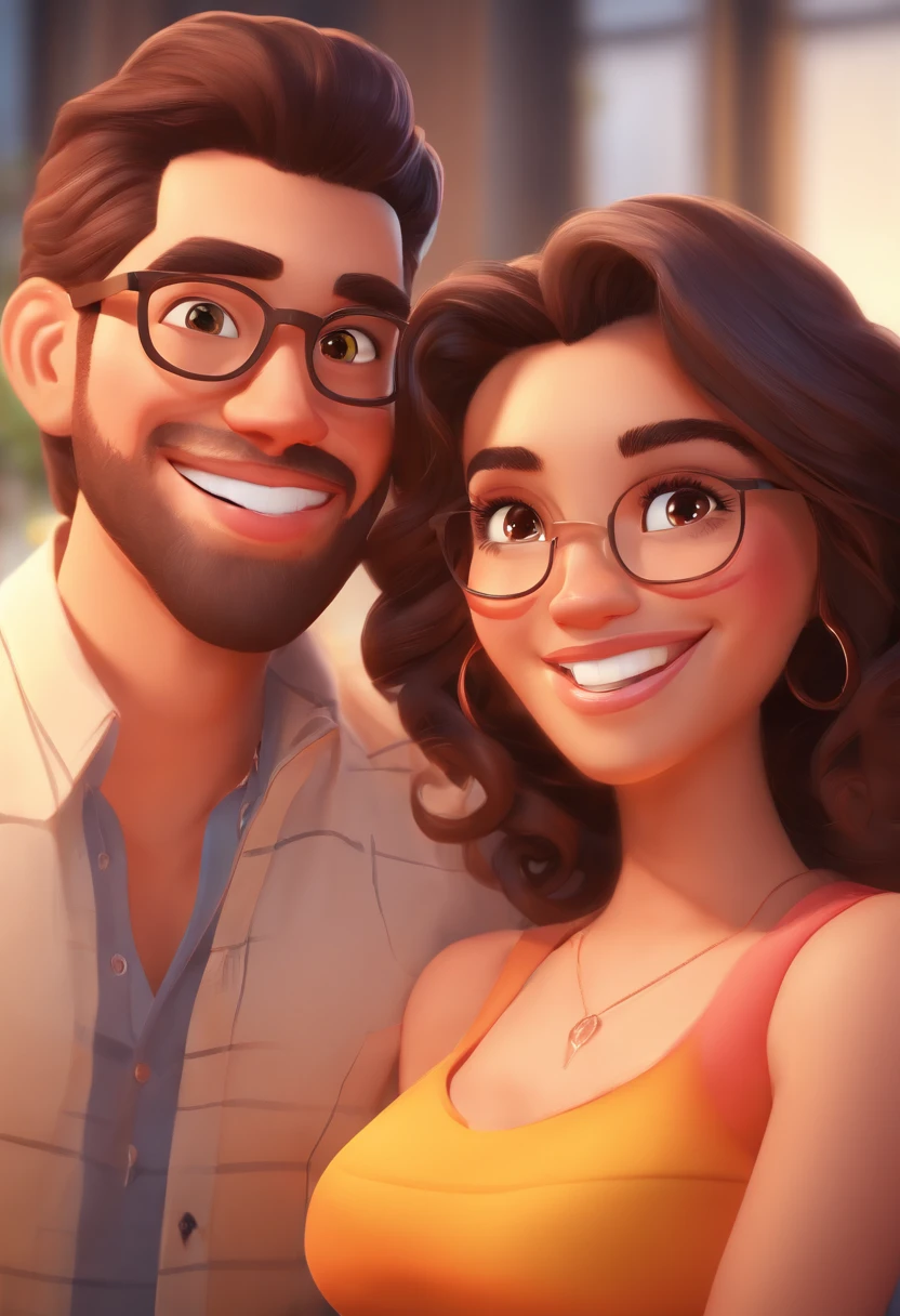 An illustration of an adorable couple, Highlight for a chubby mulatto man with smiling glasses and a brunette woman with beautiful expressive eyes - the man's skin is mulatto and the man's hair has, while the woman's skin is black and the woman's hair is straight and brown. They are a bright room, cada um com um sorriso no rosto, e compartilhar um momento especial caracterizado pelo amor, Insights. Illustrate this scene from a perspective where they are facing the camera, Smiling and Showing Your Connection. Desenvolva esta arte em Full HD, Focus on your cinematic touch, Estilo Disney Pixar Animations
