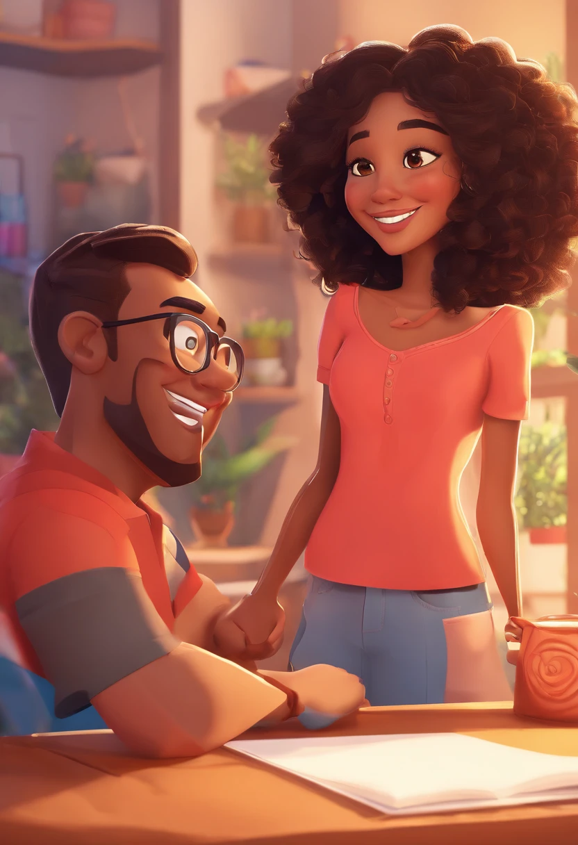 An illustration of an adorable couple, Highlight for a chubby mulatto man with smiling glasses and a brunette woman with beautiful expressive eyes - the man's skin is mulatto and the man's hair has, while the woman's skin is black and the woman's hair is straight and brown. They are a bright room, cada um com um sorriso no rosto, e compartilhar um momento especial caracterizado pelo amor, Insights. Illustrate this scene from a perspective where they are facing the camera, Smiling and Showing Your Connection. Desenvolva esta arte em Full HD, Focus on your cinematic touch, Estilo Disney Pixar Animations