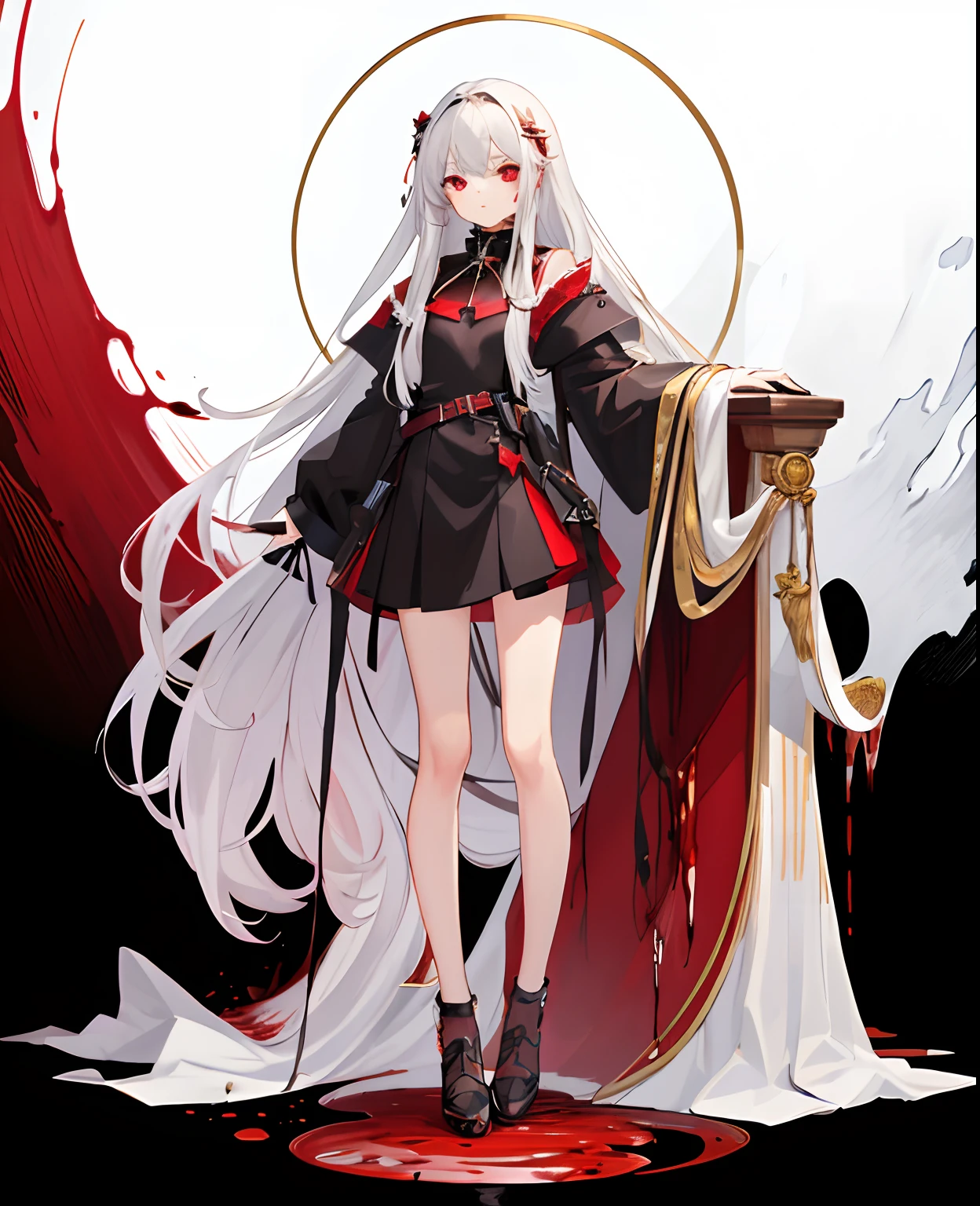 ((masterpiece,best quality)),(1girl:1.2), solo, beautiful detailed eyes, detailed face, (full body:1.2), white long hair, red eyes,small breast, (black background:1.1), bloody particles,blood on the face,