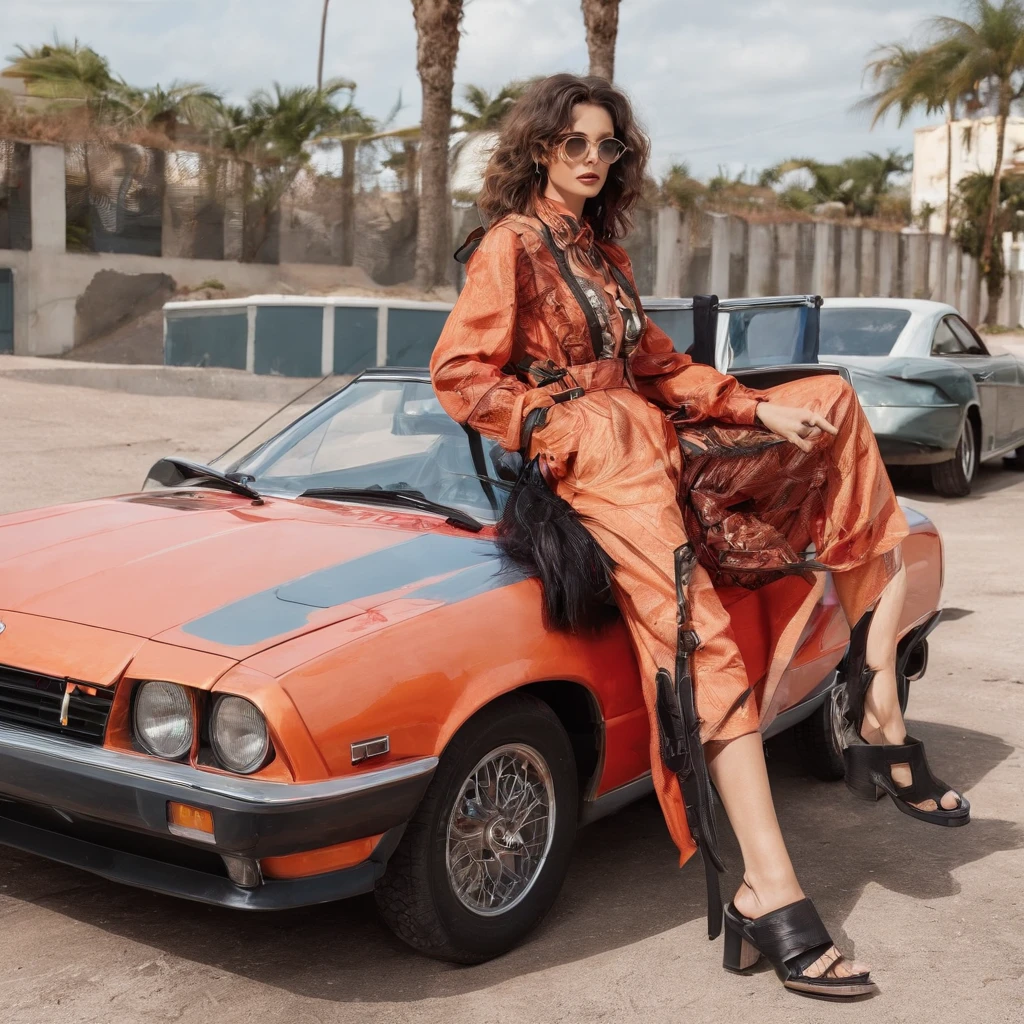 garota morena num carro antigo com roupas e cabelo do anos 80 numa rua com muitos neons