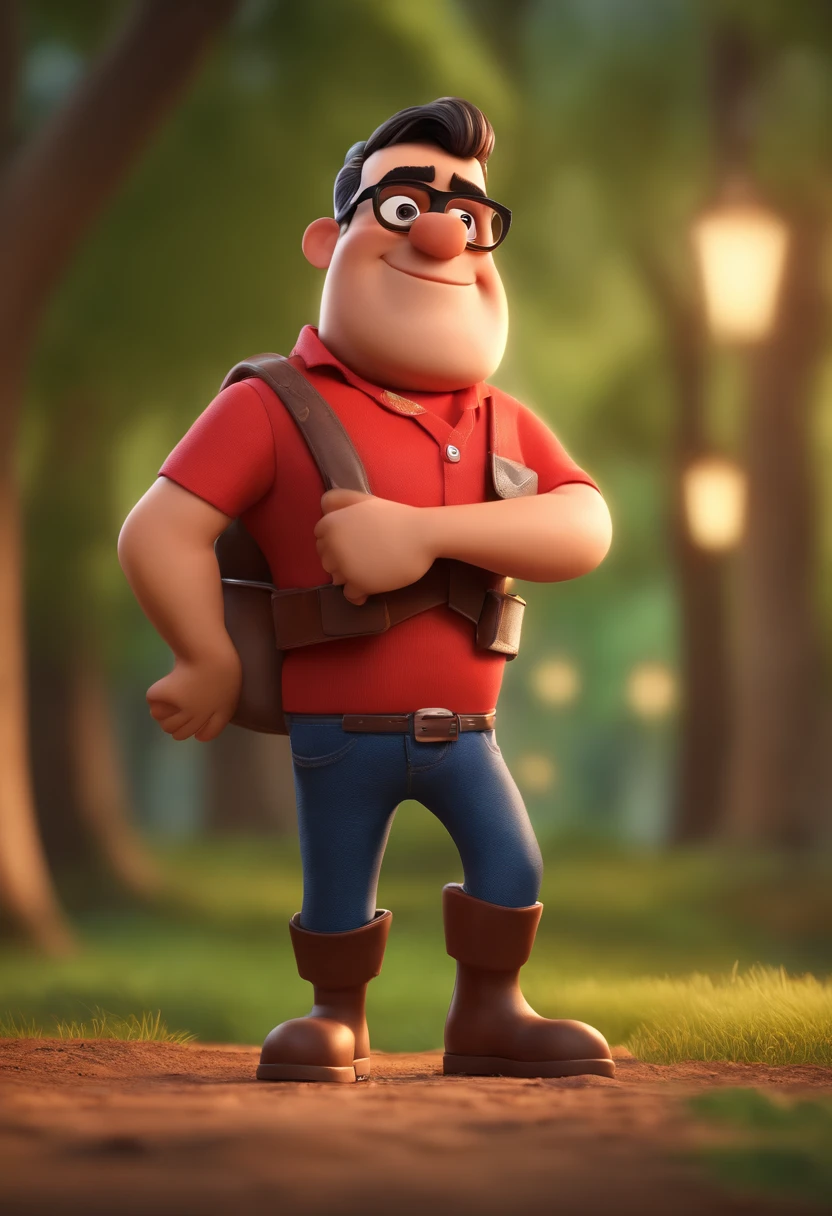 Cartoon character of a man wearing black glasses and a red shirt a Disney pixar style animated character, Caractere estilizado, animation style rendering, 3D estilizado, Arnold Maya render, 3 d render stylized, toon render keyshot, Personagem 3D, Personagem 3D, 3d rendering stylized, 3 d character render, personagem de desenho animado, Personagem de close up, Pose de personagem, (Estilo Pixar) (master part:1.2) (Bokeh) (best quality) (pele detalhada) (textura detalhada) (8k) (argila) (Cinematic lighting) (foco nítido，Senta e vaza a parte superior do corpo