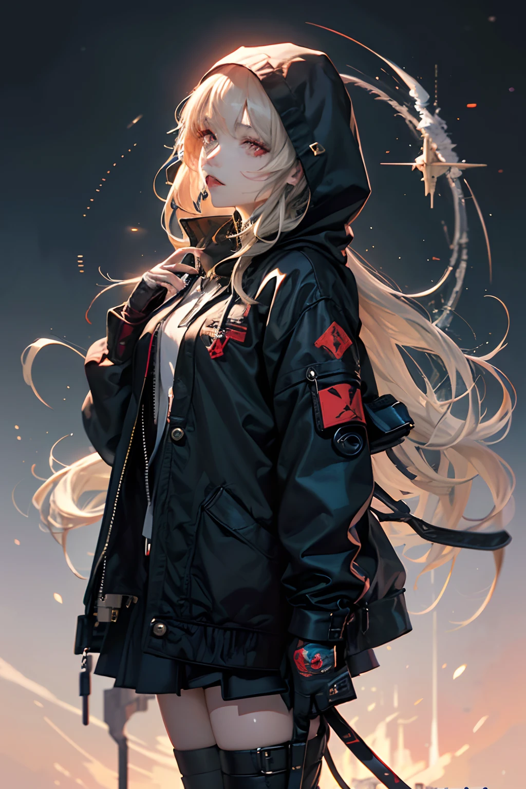 Girl in black hood、NFT Art、marks、pop music、mirai、Hair white、Red eyes、stamp、Kikinuku、Unbalanced、mystical、NFT Synopsis Art