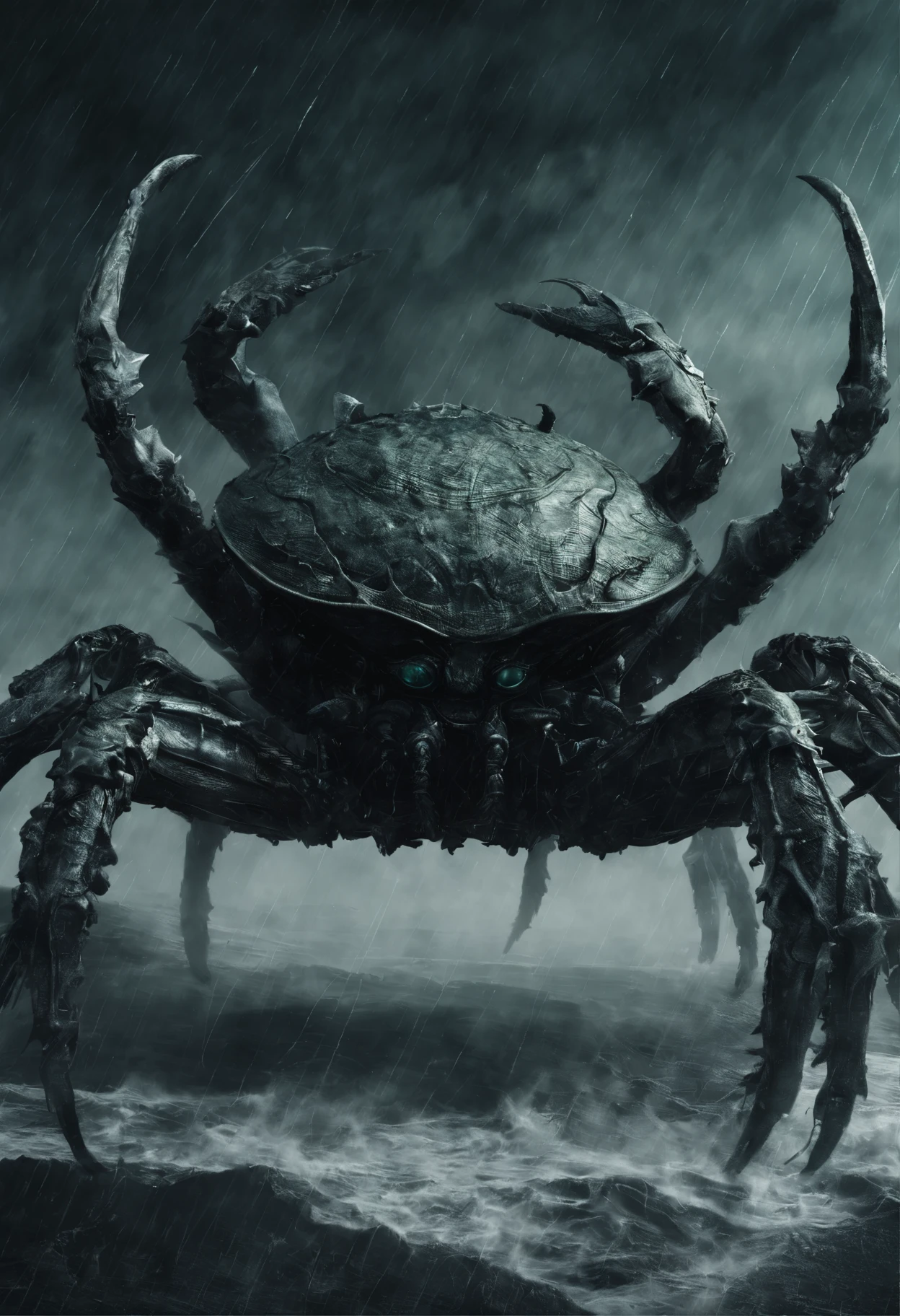 (A giant crab in the mist stares from the air at a man who asks for help),a creature 5 meters tall, giant crab, , The shell of the giant crab is dark green, flat, Wide oval, Shiny, Very hard and smooth. The crust has a thick texture,It is resistant to all kinds of environmental stresses. The head is more developed. There is a pair of large, Protruding compound eyes,The texture is like crystal. The antenna is long and flexible. The length is about 1/3 The width of the crab's body, On the top of the head, There is a pair of small pliers, elden ring monster, huge creature,giant crab, giant ethereal creature,The texture is clear, Helpless people,Those who pray for salvation from cancer
background:nebulous sky,rough sea,Greatwave,Recife,salama, 真实感,Epic,ultraclear,afterimage, Dutch angle, From below, Sony FE GM, Chiaroscuro, Blurry, hyper HD, Masterpiece, Textured skin, Super detail, High details, High quality, Award-Awarded, Best quality, A high resolution, 8K,Epic,sci-fy,Futuristic fantasy,Cartoony,