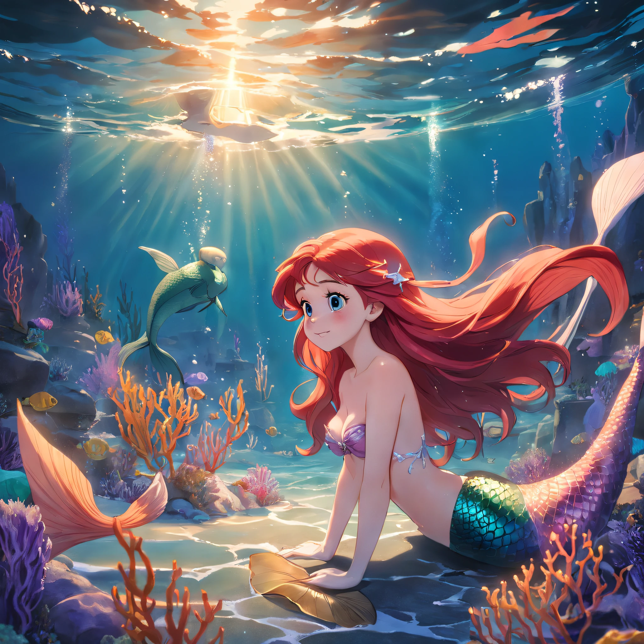obra maestra, mejor calidad, Still film, mermaid ariel in the sea, primer plano, brillante, feliz, soft warm lighting, puesta de sol (chispas: 0,7)