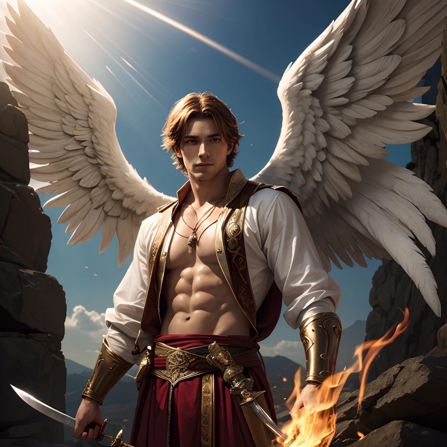 Biblically accurate male Angel with a sword and fire in a ray of light