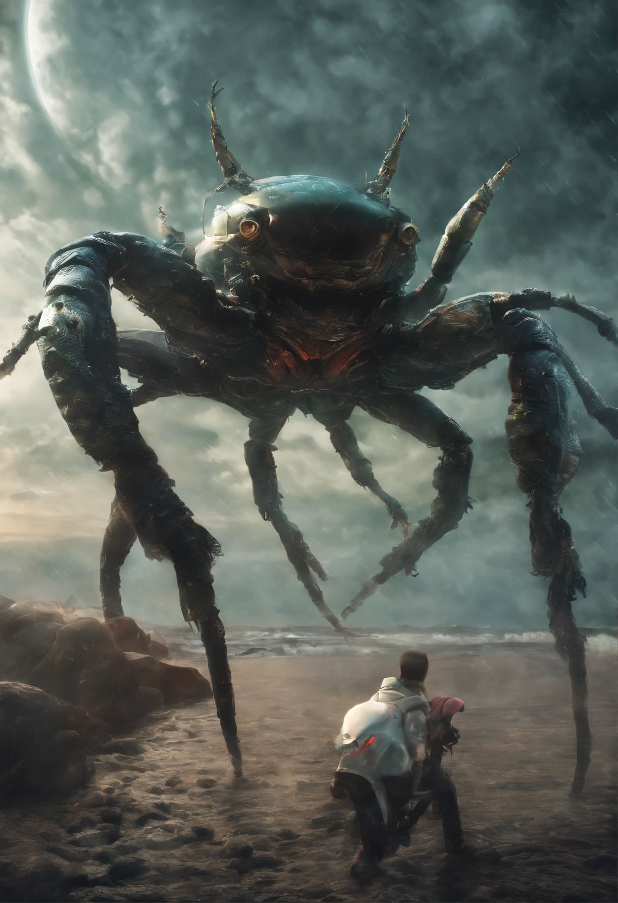 （A giant crab in the mist stares from the air at a man who asks for help），a creature 5 meters tall， giant crab, , The shell of the giant crab is dark green, flat, Wide oval, Shiny, Very hard and smooth. The crust has a thick texture，It is resistant to all kinds of environmental stresses. The head is more developed. There is a pair of large, Protruding compound eyes，The texture is like crystal. The antenna is long and flexible. The length is about 1/3 The width of the crab's body, On the top of the head, There is a pair of small pliers, elden ring monster, huge creature,giant crab, giant ethereal creature,The texture is clear， Helpless people，Background to prayer for cancer salvation：nebulous sky，rough sea，Greatwave，Recife，salama， 真实感，Epic，ultraclear，afterimage, Dutch angle, From below, Sony FE GM, Chiaroscuro, Blurry, hyper HD, Masterpiece, Textured skin, Super detail, High details, High quality, Award-Awarded, Best quality, A high resolution, 8K，Epic，sci-fy，Futuristic fantasy，Cartoony，