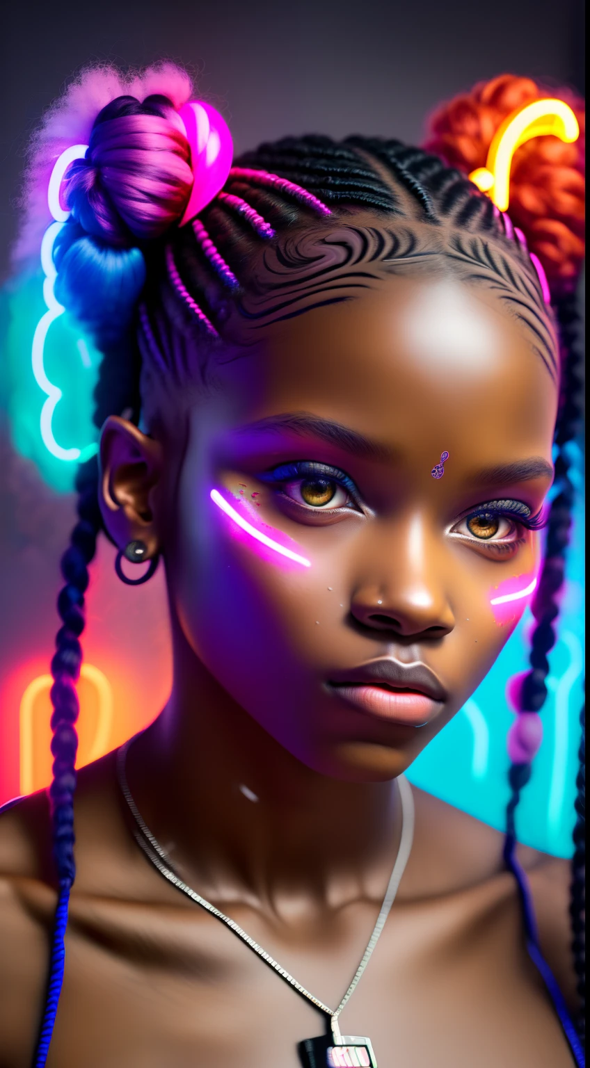 (FOTO 8K RAW ULTRA REALISTA neon)ROSTO de menina de 15 anos AFRO AMERICANA,Cabelo pigtails,com sardas e manchas na pele, tatuagens no rosto, fleshy lips , Looking at camera from the bottom up ,fundo escuro preto