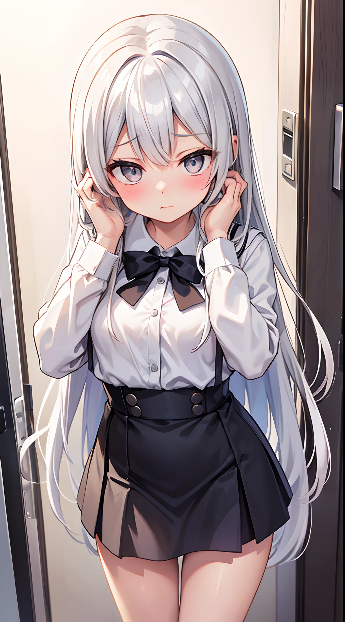 1_girl, white long hair, grey eyes, small breasts, in white school uniform in sexy pose, blocking doorway, blushing, hands on face