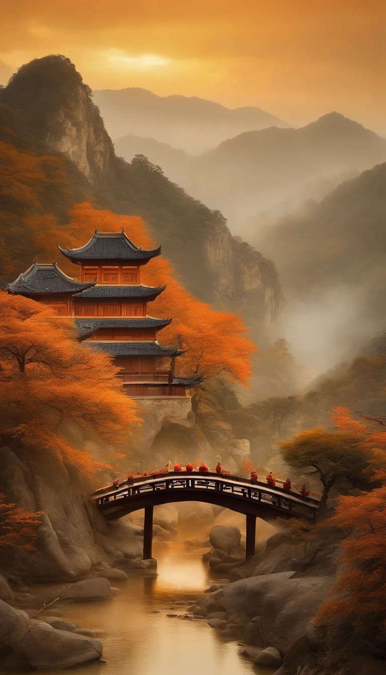 Chinese murals with rural scenery, Estilo laranja claro e cinza claro, Paisagem em camadas, Japanese style art, murais monumentais, Ricoh FF-9D, Golden Age Aesthetics, exotic landscape