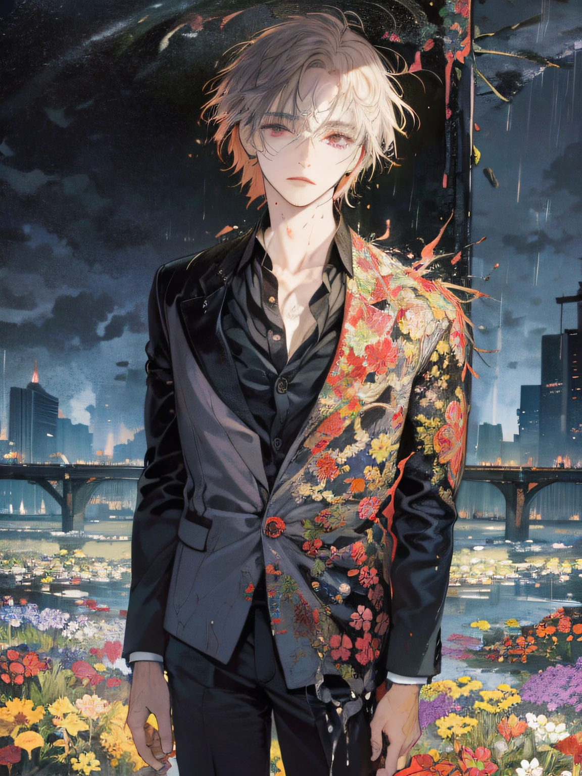 mastrepiece, 1 man, expresionless, suit, wet hair, wet clothes, flowers, heavy rains