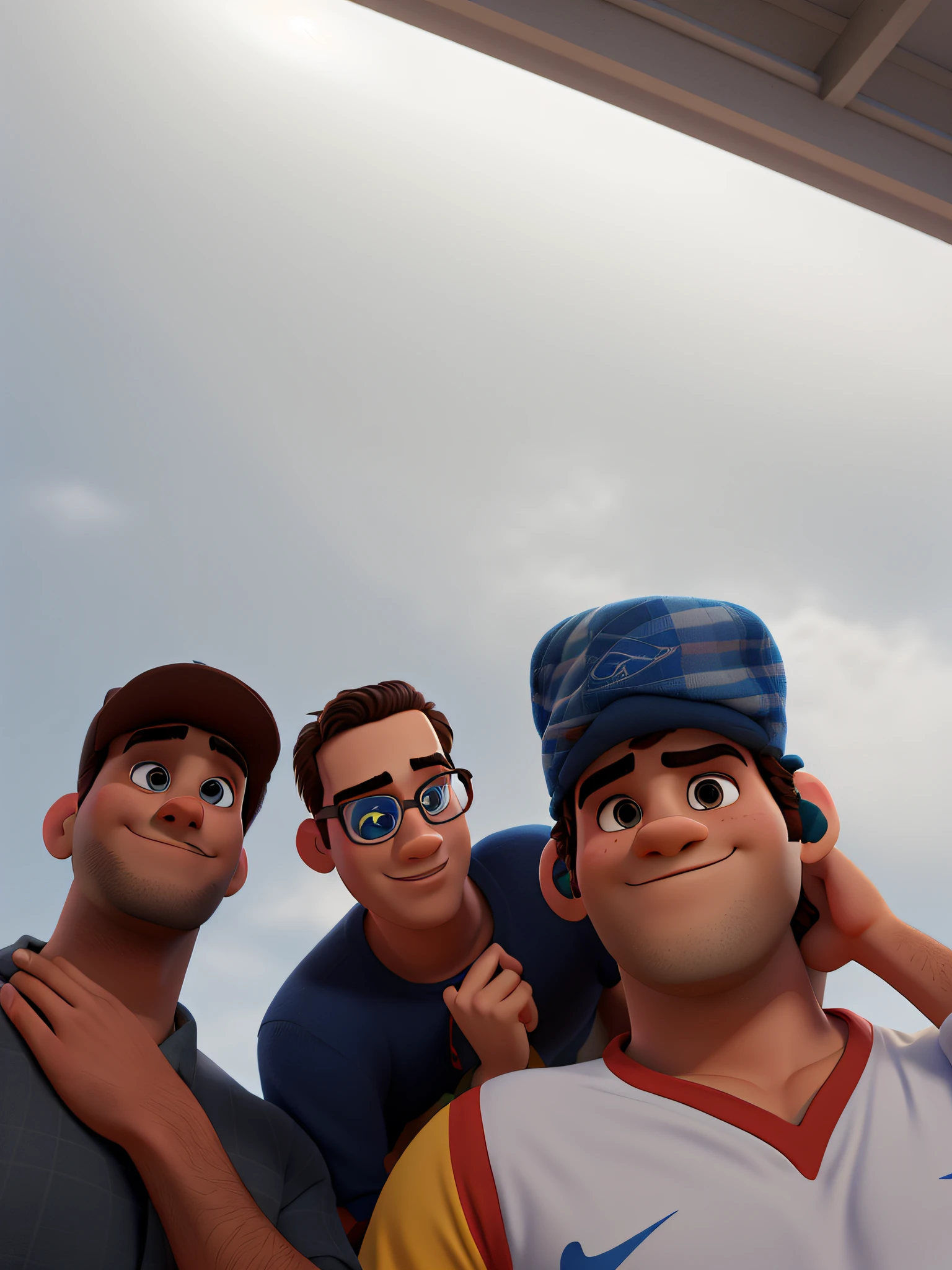 Three Men in Disney Pixar Style, tirando uma foto. Nome do filme, 3 homens e meio