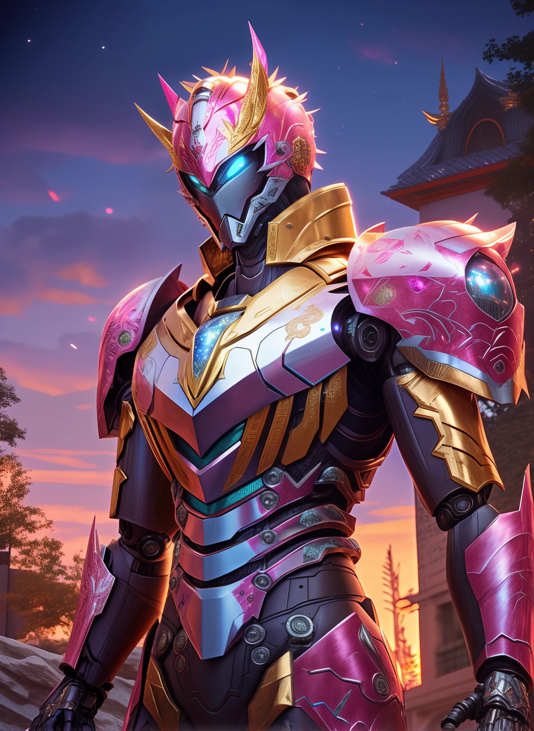 Close-up of a man in armor standing in front of a building, slick pink armor, Streamlined pink armor, tokusatsu suit vaporwave, the golden cat armor knight, matte pink armor, sharp silver armor fuchsia skin, anfas portrait of a mech warrior, intricate assasin mecha armor, in opal armor, intricate glowing mecha armor