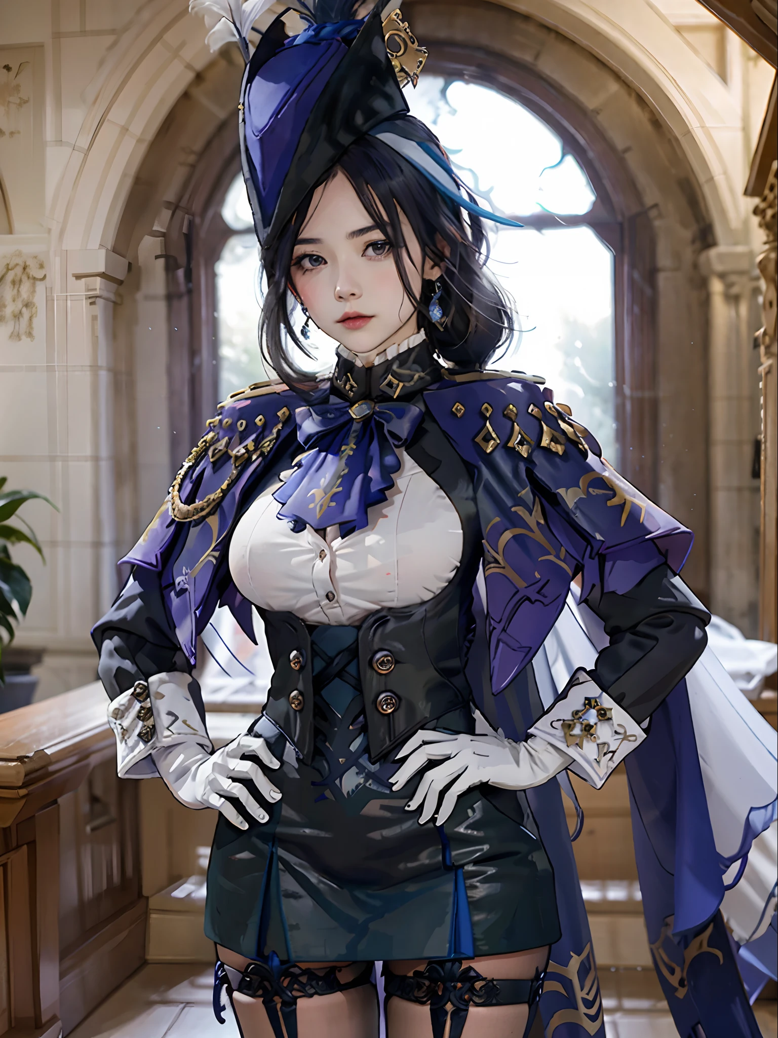 masterpiece, 32k uhd best quality, highly detailed, 1 girl, solo, giclorinde, purple eyes, big breasts, hair between eyes, long hair, dark blue hair, earrings, black skirt, miniskirt, pantyhose, purple ascot, purple capelet, black corset , black pantyhose, black skirt, white gloves, hat, tricorn hat, in fontaine.
