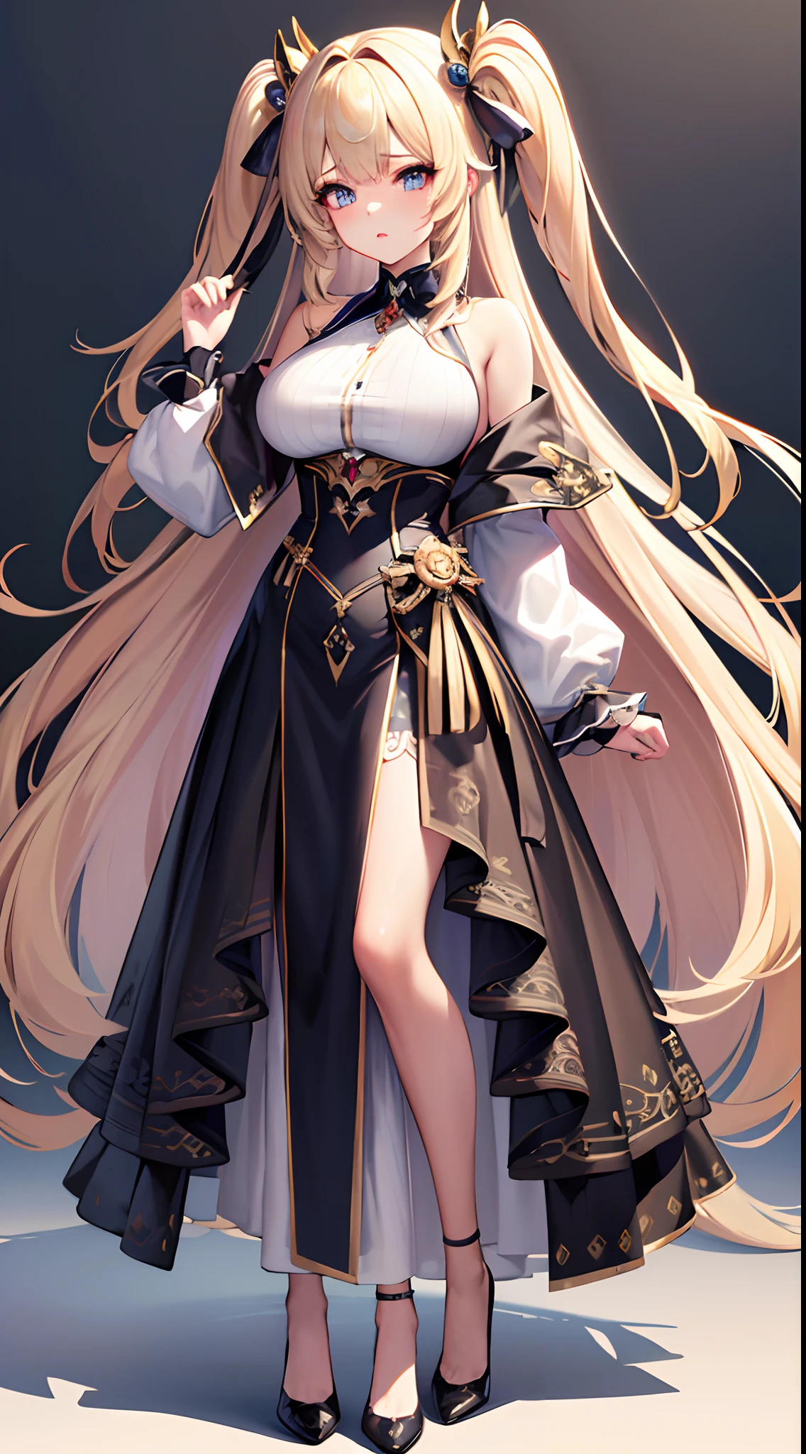 ((Best Quality)), (ultra-detailliert), ((Extremely detailed)), (Beautiful), ((Kawaii Girl)), ((UHD)), (masterpiece), (high quality), (best quality), (4K), (high quality), 1, solo girl, one girl, (hair long two side up), (hair intakes), long hair, parted bangs, (platinum blond hair), ((jade colored eyes)), tsurime, large breasts, paint right up to the tip of the head,((transparent background)),(solo),standing,(wearing shoes on feet),((is wearing Idol Costumes)),good girl, beautiful detailed eyes,good looking,((an extremely delicate and beautiful)),make the eyes the same shape and color on both sides, anime style