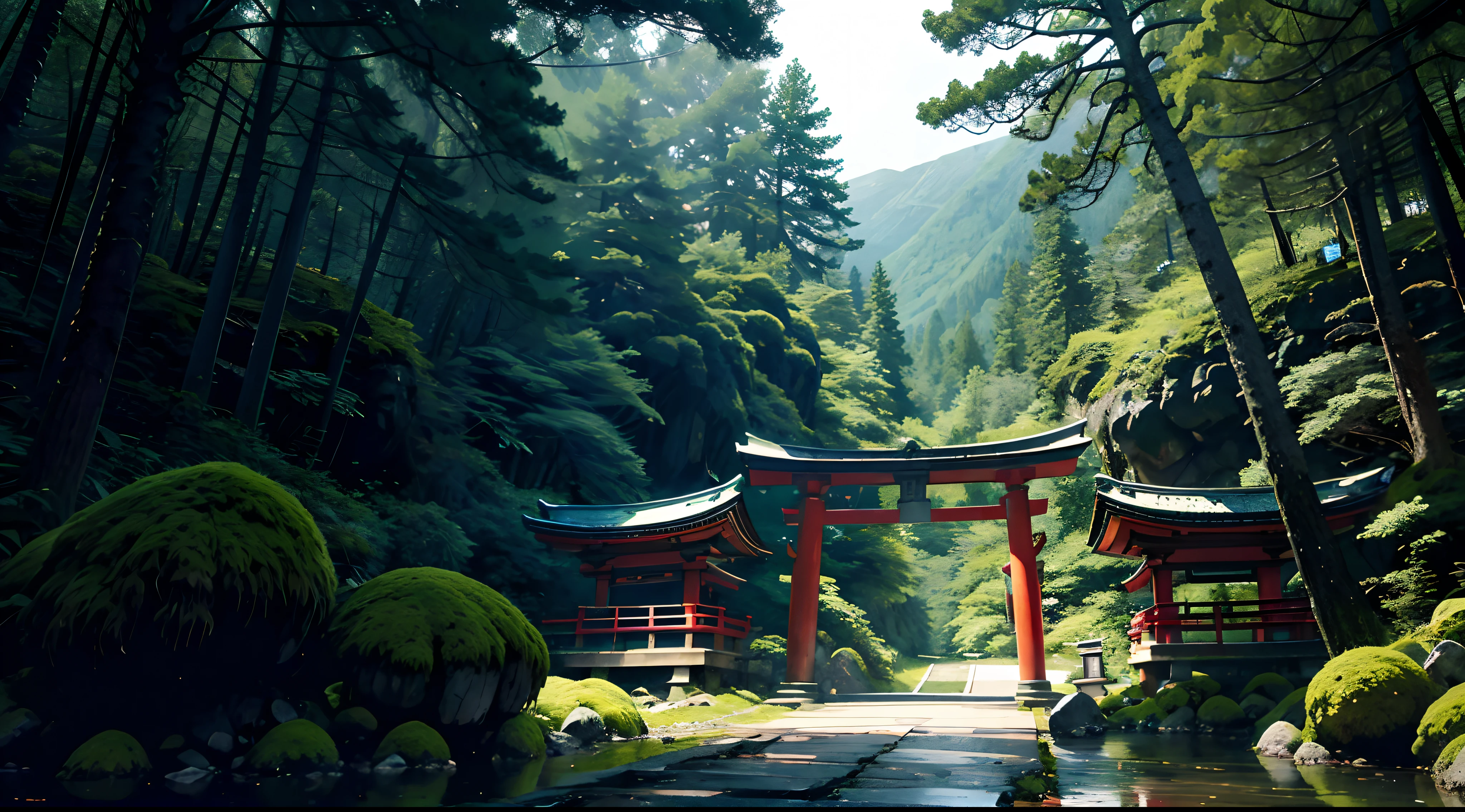 jpn、torii gate、(mont、(In the deep forest、mosses)、falls、disturbing atmosphere)、shrines