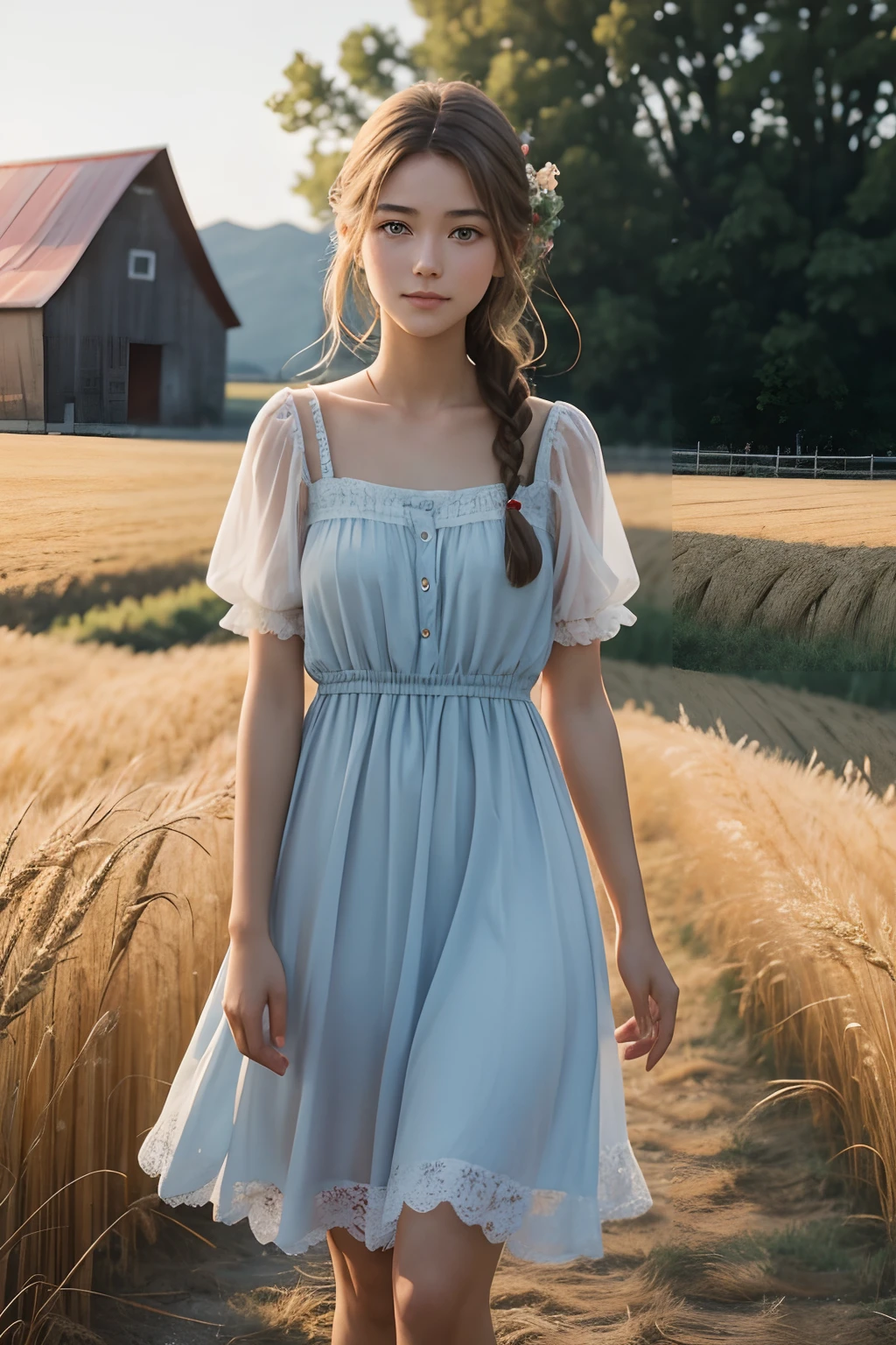 1girl in, 20 years old, Tall and attractive, Wearing a cute country dress, Hair braiding, Standing on a rustic farm. She has a soft, gentle smile and expressive eyes. In the background is a charming barn, Golden wheat fields and clear blue sky. The composition should be soaked in the light of warm golden hours, Accentuates idyllic tranquility with soft depth of field and soft bokeh. Capture images as if they were shot on vintage 35mm film、Adds even more vitality, filmg,
